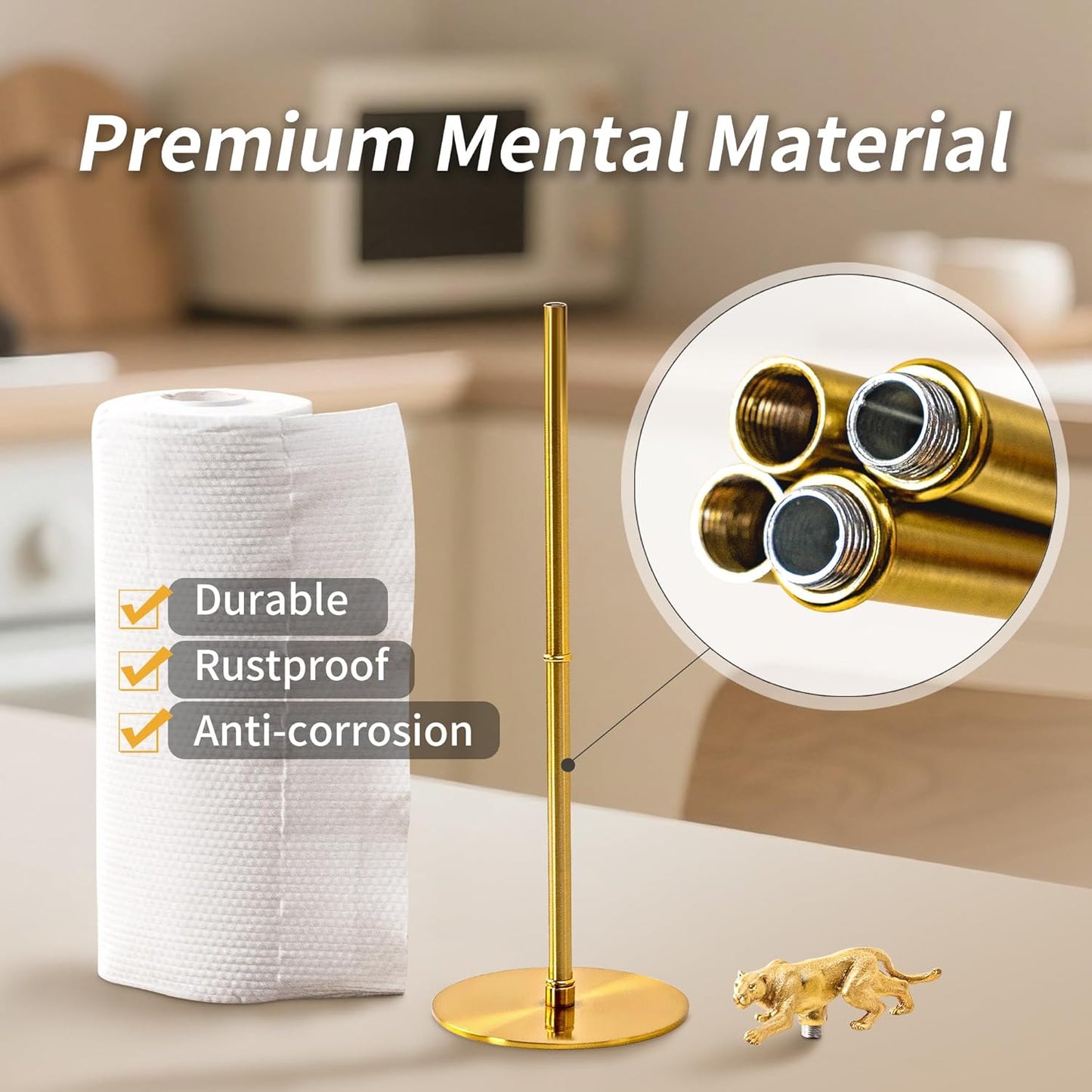 Gold Paper Towel Holder for Countertop, Vintage Brass Paper Holder for Kitchen, Bathroom, Dining Room, Non-Scratch Base & Detachable Leopard