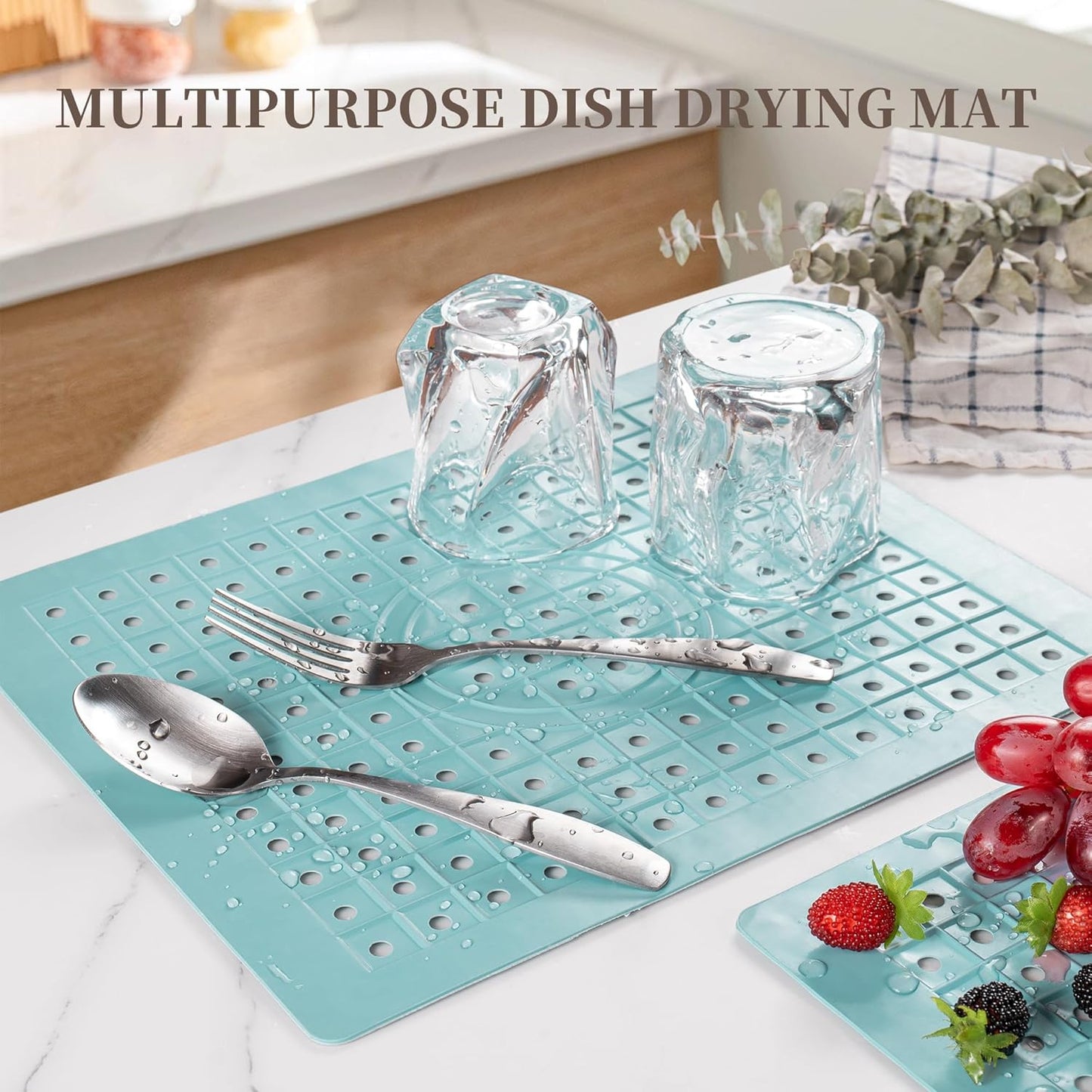 WILLKOMMEN Kitchen Sink Mat, 12" x 10" Rectangular Sink Protector Pad, Fast-Draining Grid Design Liner, Dish Drying Mat 2 Pack Mint Blue