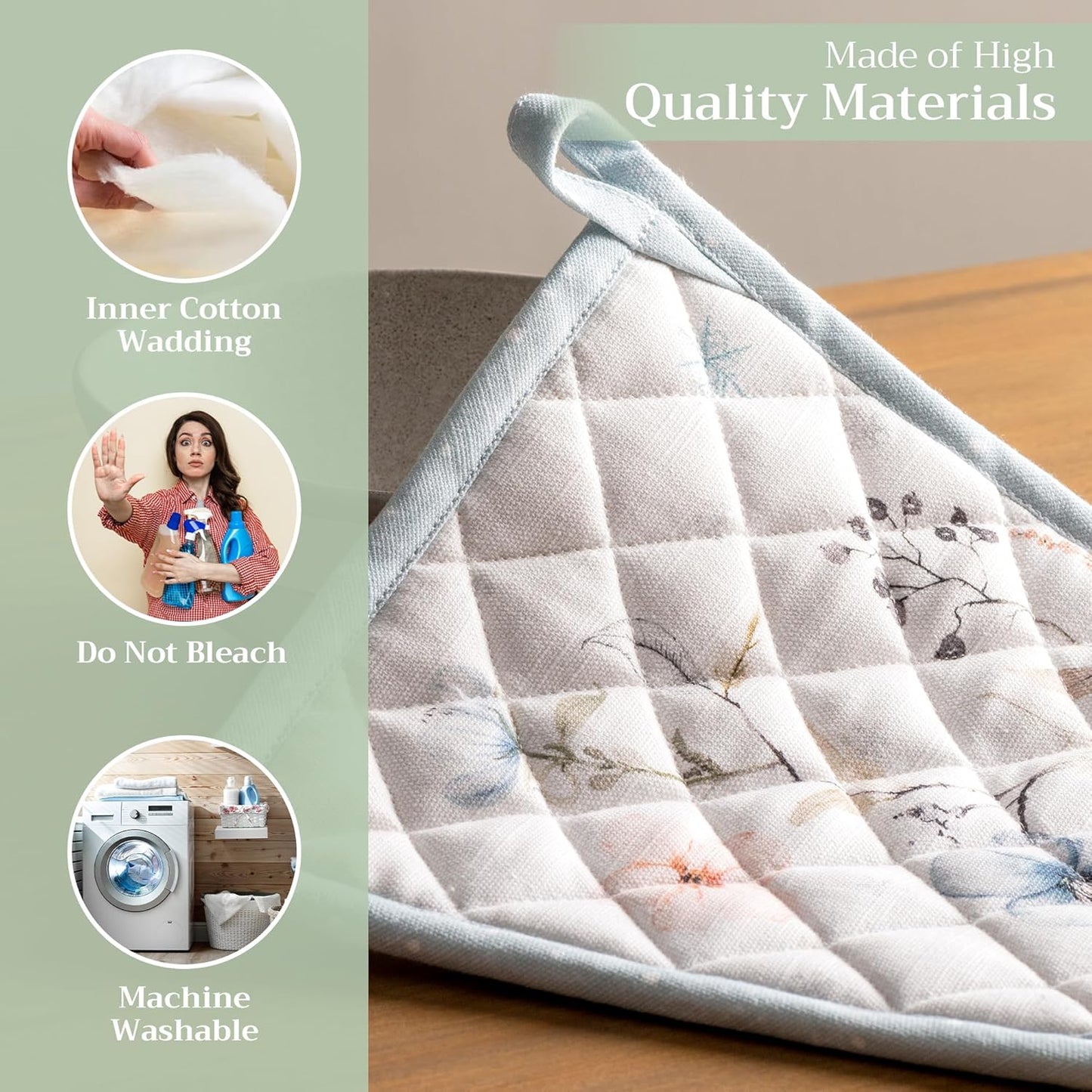 Maison d' Hermine Pot Holders 100% Cotton Heat Resistant Potholders 8" x 8" Hot Pads with Loop BBQ, Cooking, Baking, Grilling, Kitchen, Handling Hot Pans (Pack of 1, Ice Florals)