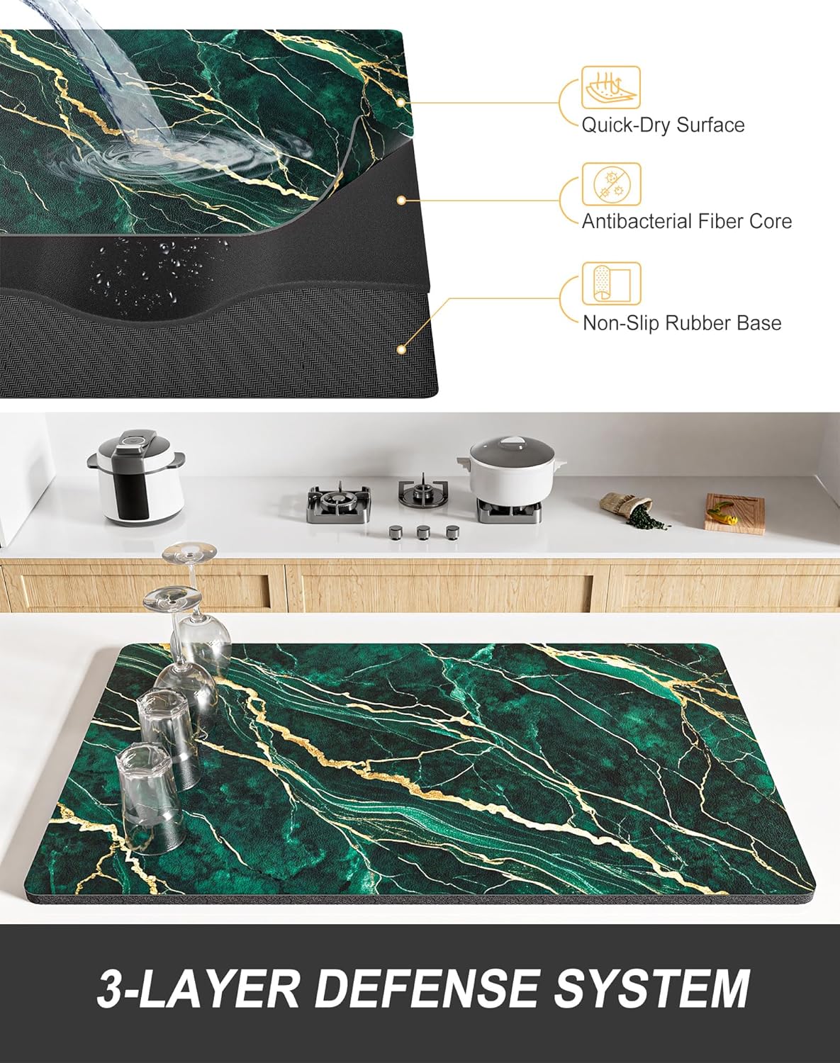 Rnivvi Dish Drying Mat for Kitchen Counter, 12 x 19" Cute Marble Super Absorbent Draining Pad, Non-Slip Heat Resistant Coffee Bar Mats for Coffee Machine Station Accessories, Green Gold Dish Rack Pad