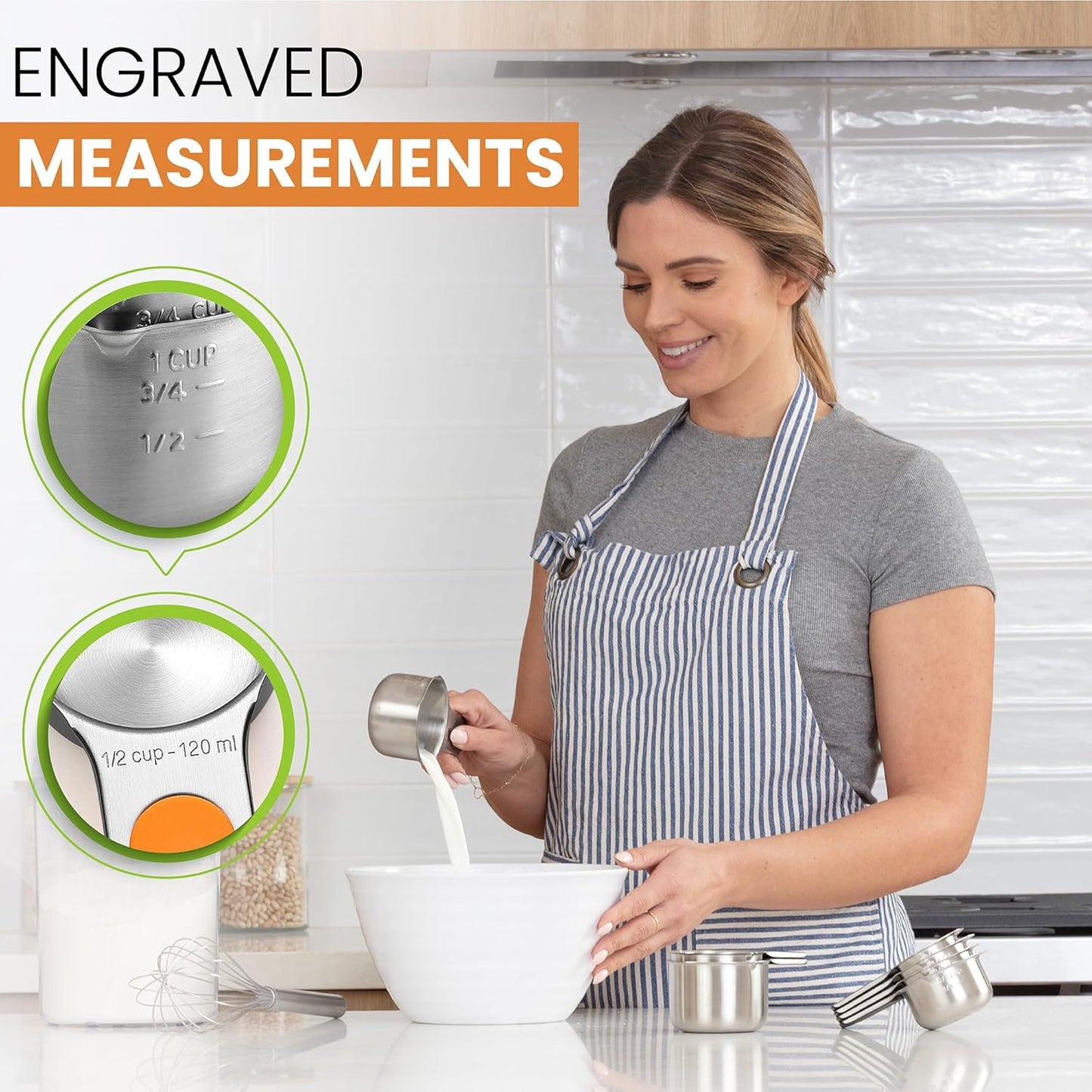 Spring Chef Magnetic Stainless Steel Measuring Cups, Patented, Kitchen Tools with Easy to Read Markings for Measuring Dry or Liquid Ingredients, Set of 7, Neon