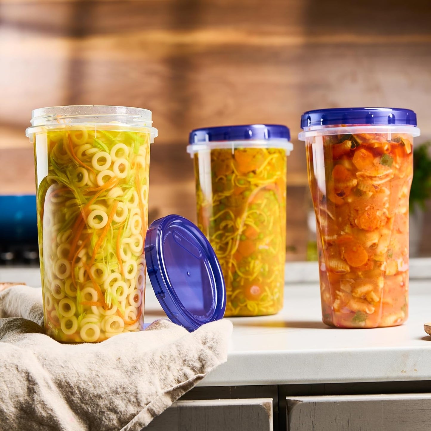 PLASTICPRO 12 Pack Twist Cap Food Storage Containers with Blue Screw on Lid- 48 oz Reusable Meal Prep Containers - Large Freezer Containers Microwave Safe Blue Plastic Food Storage