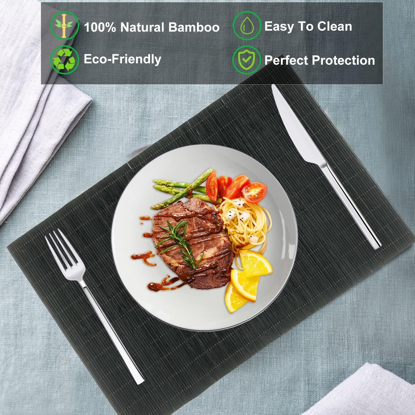 ANDSTAR Set of 8 Pcs Bamboo Placemats Sushi Rolling Mat Japanese Style Natural Anti-Slip Bamboo Placemats Washable Heat-Resistant Table Mats for Dining Room and Kitchen（Black）