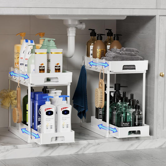 Delamu Under Sink Organizers and Storage, 2 Pack Pull Out Kitchen Bathroom Cabinet Organizer, 2 Tier White Under Sink Storage for Bathroom Kitchen, Under Counter Storage Organizer with 8 Hooks