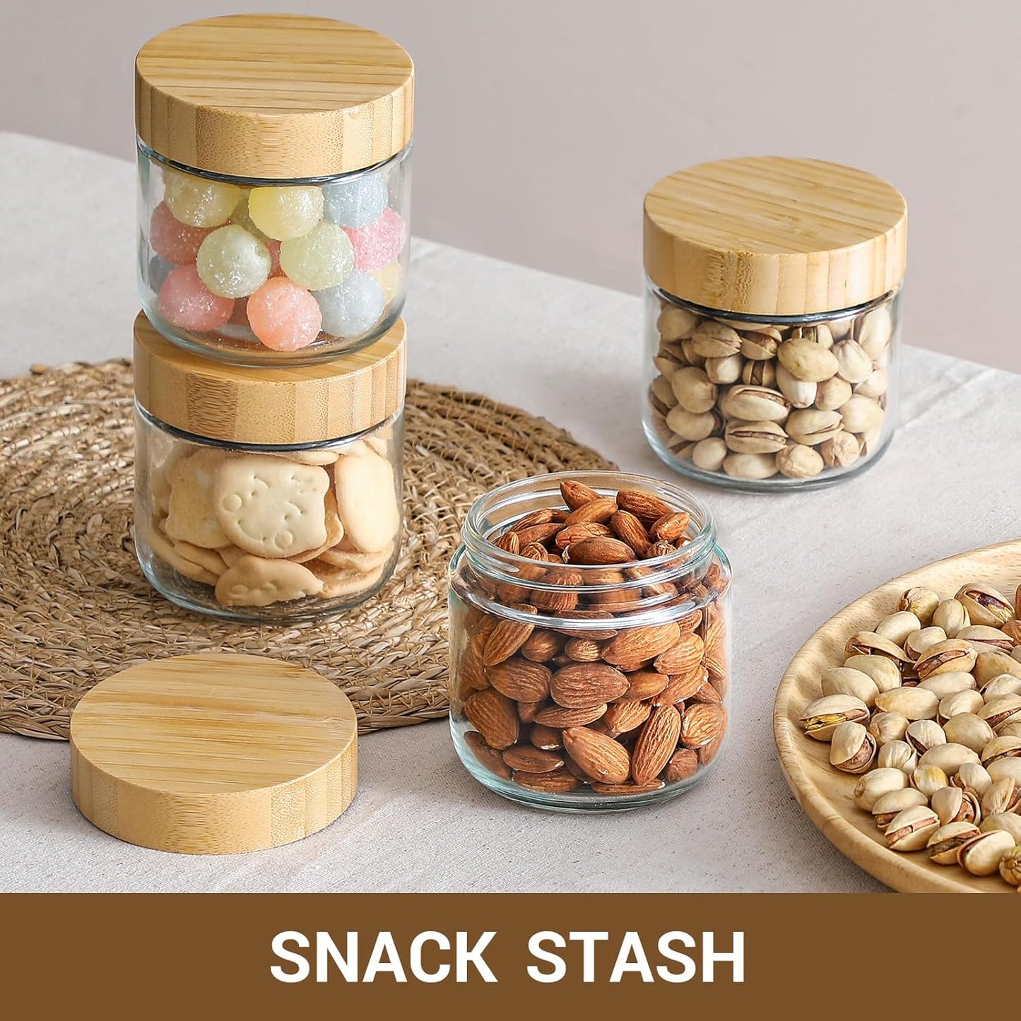 NETANY 4-pack 8oz Glass jars with Airtight Lids, Overnight Oats Containers with Bamboo Lids, Wide mouth Mason Salad jars, Glass Food Storage Containers for Snacks Yogurt Spice Sugar