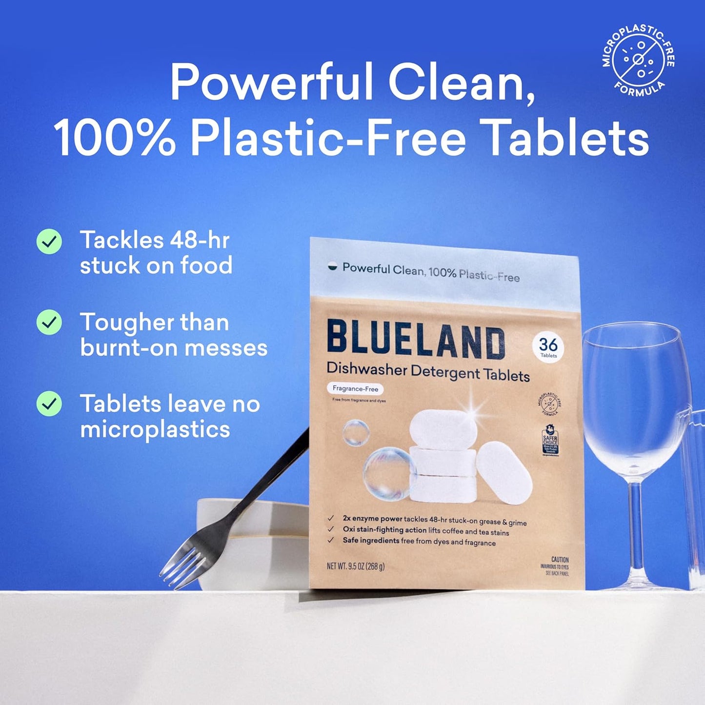 BLUELAND 100% Plastic-Free Dishwasher Detergent Tablets, 120 Count, Free & Clear, Eco-Friendly Dishwashing Pods, Natural, USDA Certified biobased
