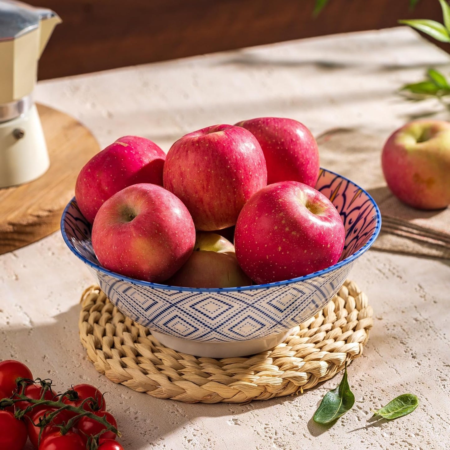 Ceramic Serving Bowls 8 Inch Set of 2, Large Bowls for Pasta Soup Fruit Ramen Cereal, Dinner, Salad, Oatmeal, Microwave & Dishware Safe, Colorful Bohemian Style