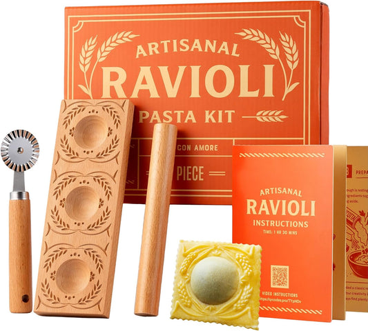 Cooking Gift Set Co. Artisanal Ravioli Maker Press, Wooden Ravioli Mold & Pasta Maker, Ravioli Press, Pasta Cutter Wheel, Ravioli Maker Tool, Guide Pasta Making Tools Set for Homemade Pasta (3 Piece)