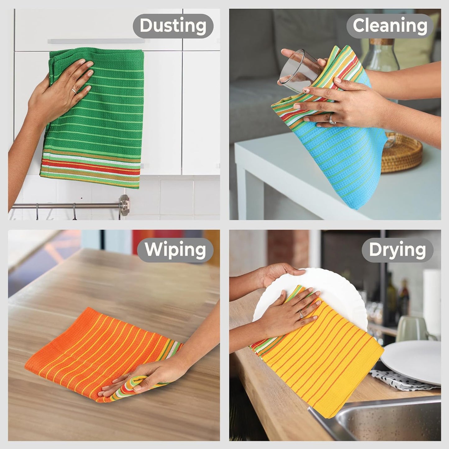 Urban Villa Salsa Stripe KitchenTowels 100% Cotton Dish Towels for Kitchen Multi Color Highly Absorbent Multi-Purpose Waffle Dish Cloths for Cleaning Soft Hand Bar Towels 20x30 Inches (Set of 8)