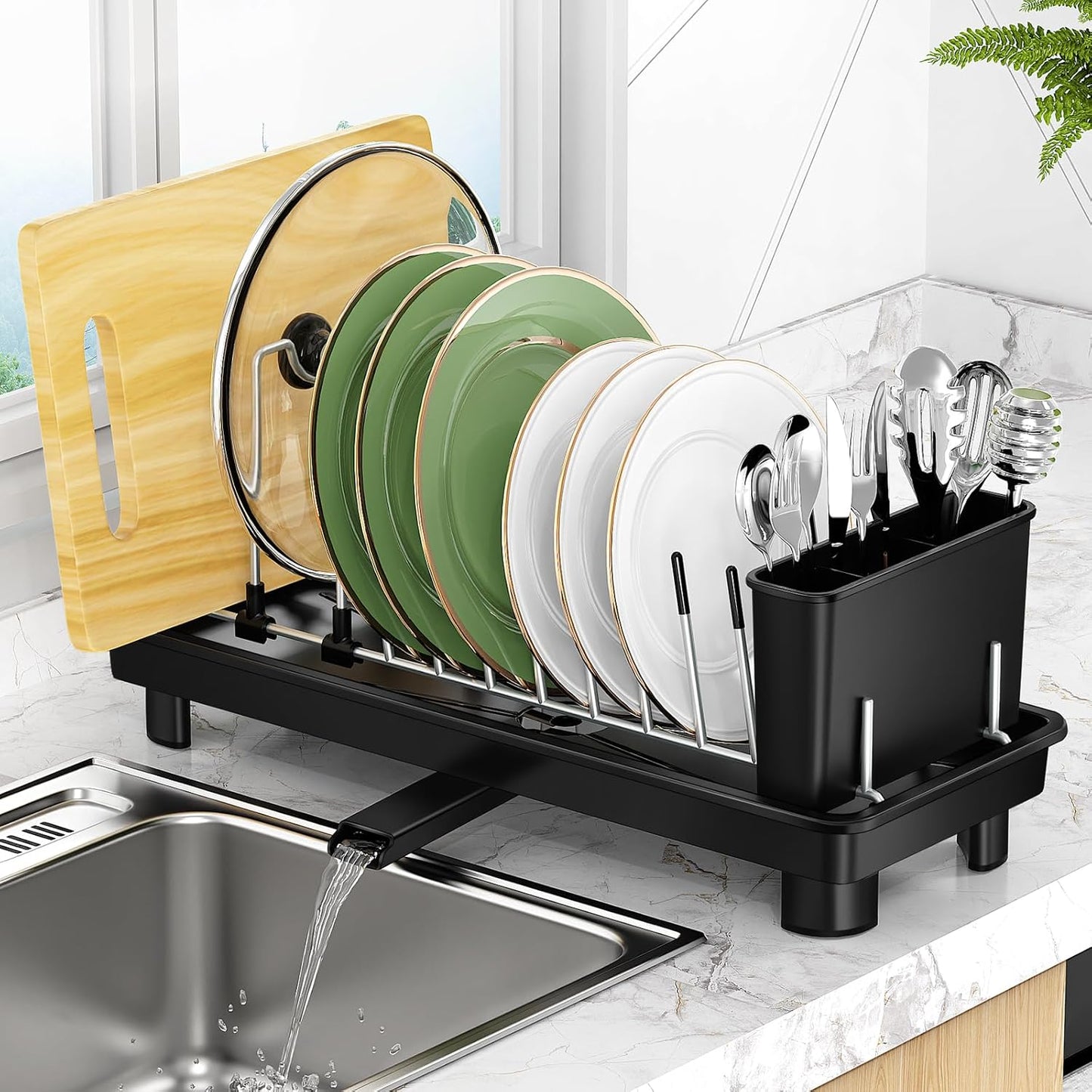 Small Dish Drying Rack, Compact Dish Rack for Kitchen Counter, Space Saving Plate Rack, Dish Strainer with Cutlery Holder, Black