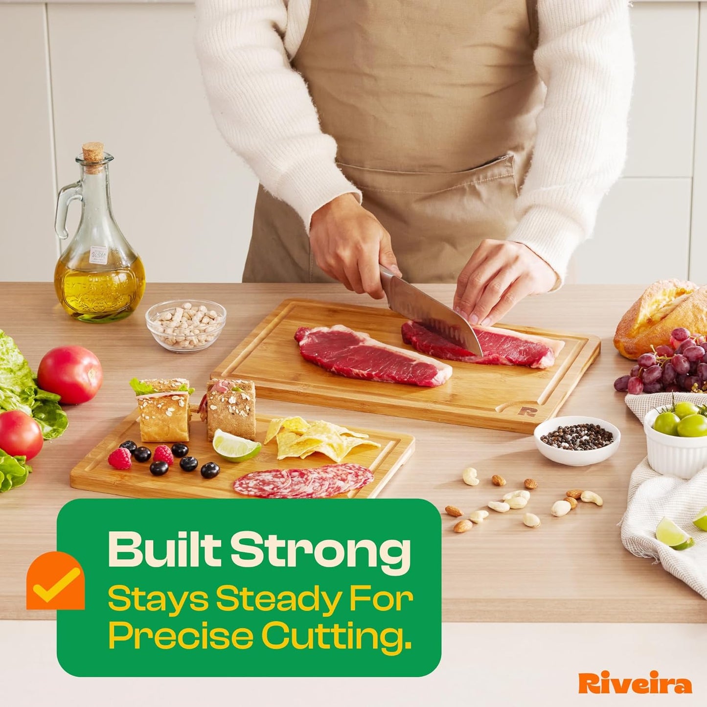 Riveira Brown Bamboo Wood Cutting Board – Versatile And Durable: Set Of 2 Pcs Rectangular Wooden Cutting Board – Natural Wooden Cutting Boards For Kitchen Set – Complete Bamboo Wooden Chopping Board