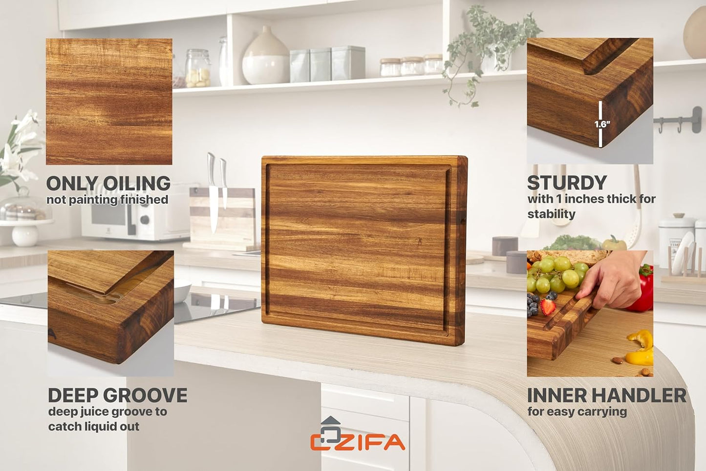 COZIFA- Large Cutting Board Wood Acacia - 20x15 x1.6inches Thick Wooden Cutting Boards for Kitchen with Juice Groove - Wooden Chopping Boards for Kitchen Housewarming Gift Box, Natural Oil Wax Finish