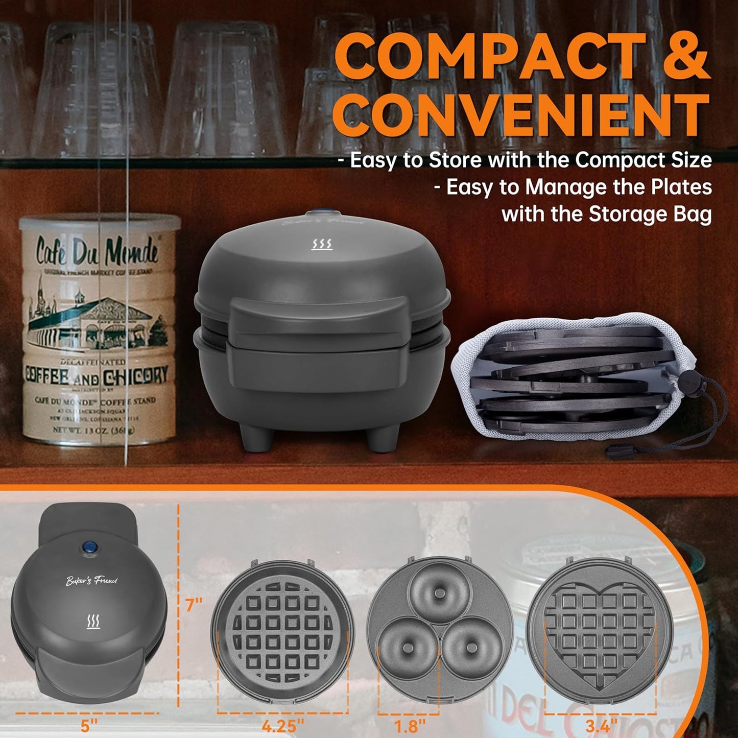 Baker's Friend 4 in 1 Mini Waffle Maker with Removable Plates, A Set of Mini Pancake Maker, Mini Donut Maker, Mini Heart Shape Waffle Maker and Small Waffle Maker, Recipe Included, Graphite, Compact