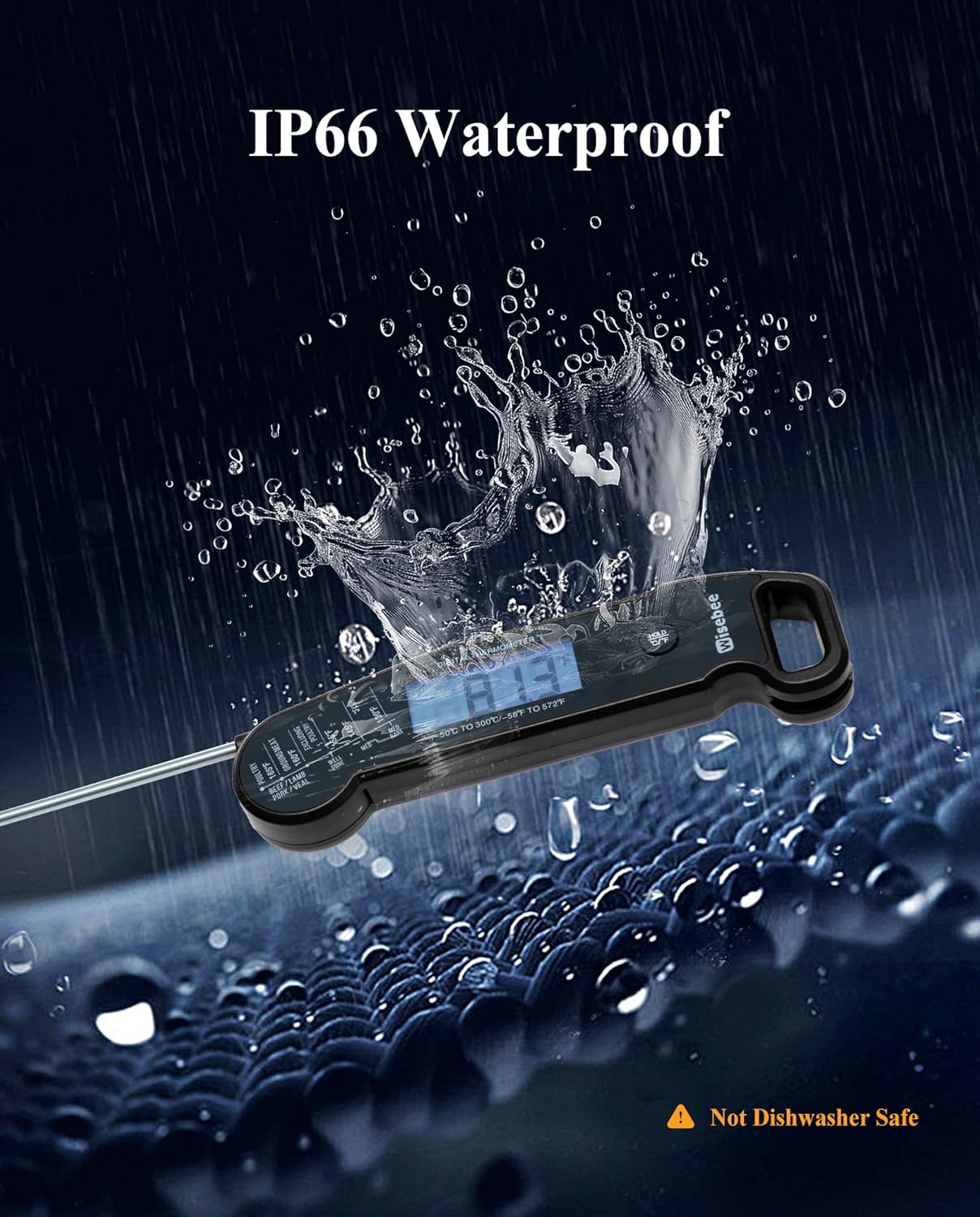 Wisebee Meat Thermometer Digital, 0.5 Sec Instant Read Waterproof Food Thermometer with 180°Auto-Rotate Backlit Display | Anti-Slip Handle | Magnetic Back | Hold Function for Cooking, Black