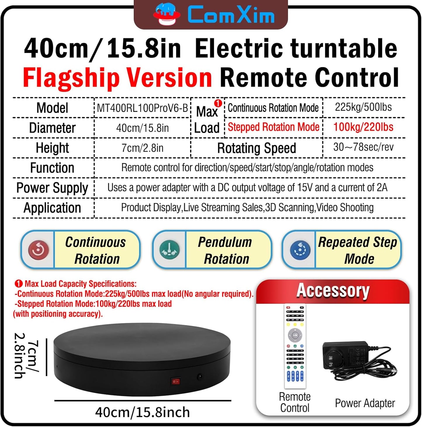 15.8In Remote Motorized electric turntable Rotating platform Photography Turntable Motorized lazy susan Base giratoria para for Photography,3D Scanner,Heavy duty display(Load Range:220~500lbs)