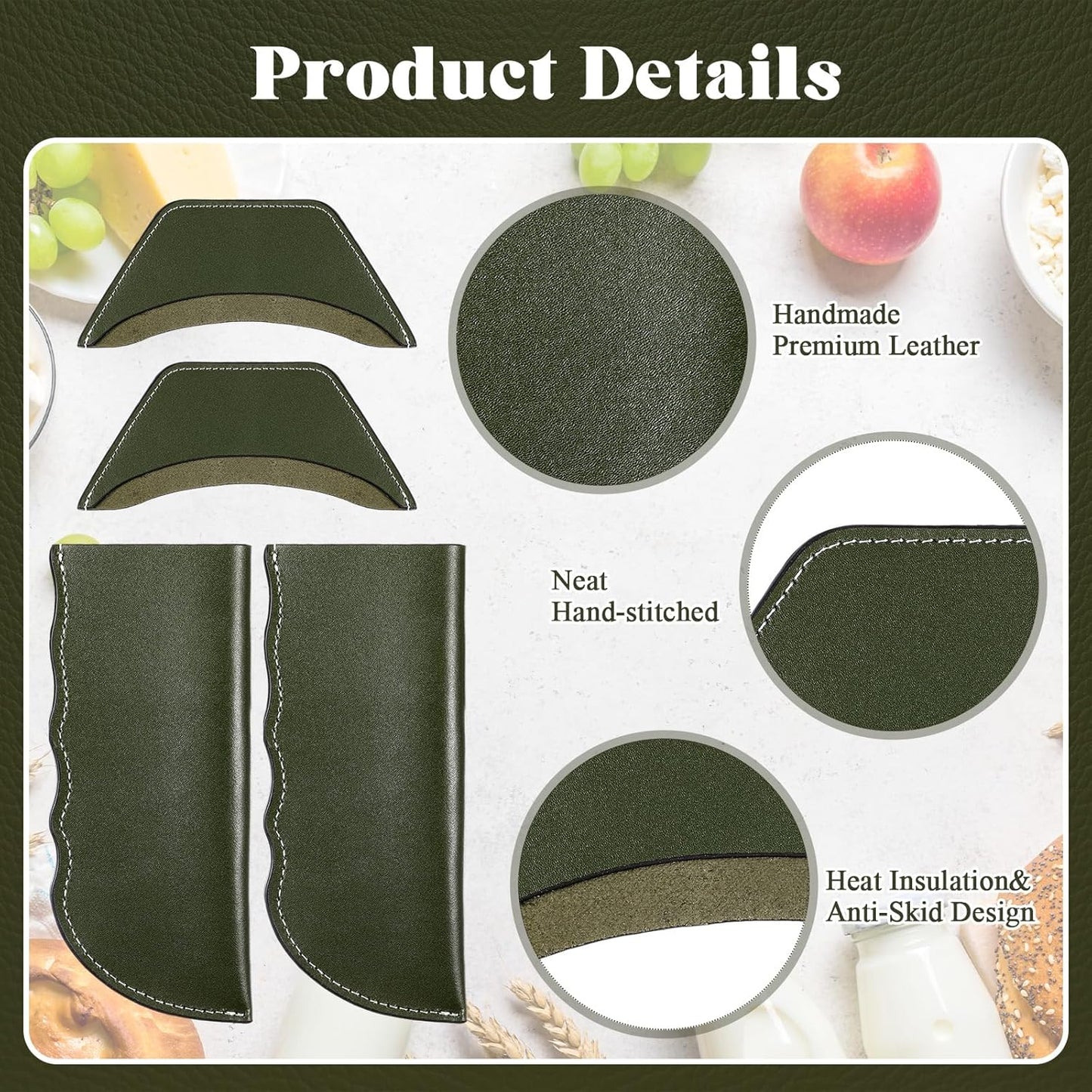 Baderke 4 Pcs Leather Cast Iron Handle Cover Handmade Leather Heat Resistant Skillet Handle Set Pot Holder for Hot Frying Pans, Pots(Army Green)