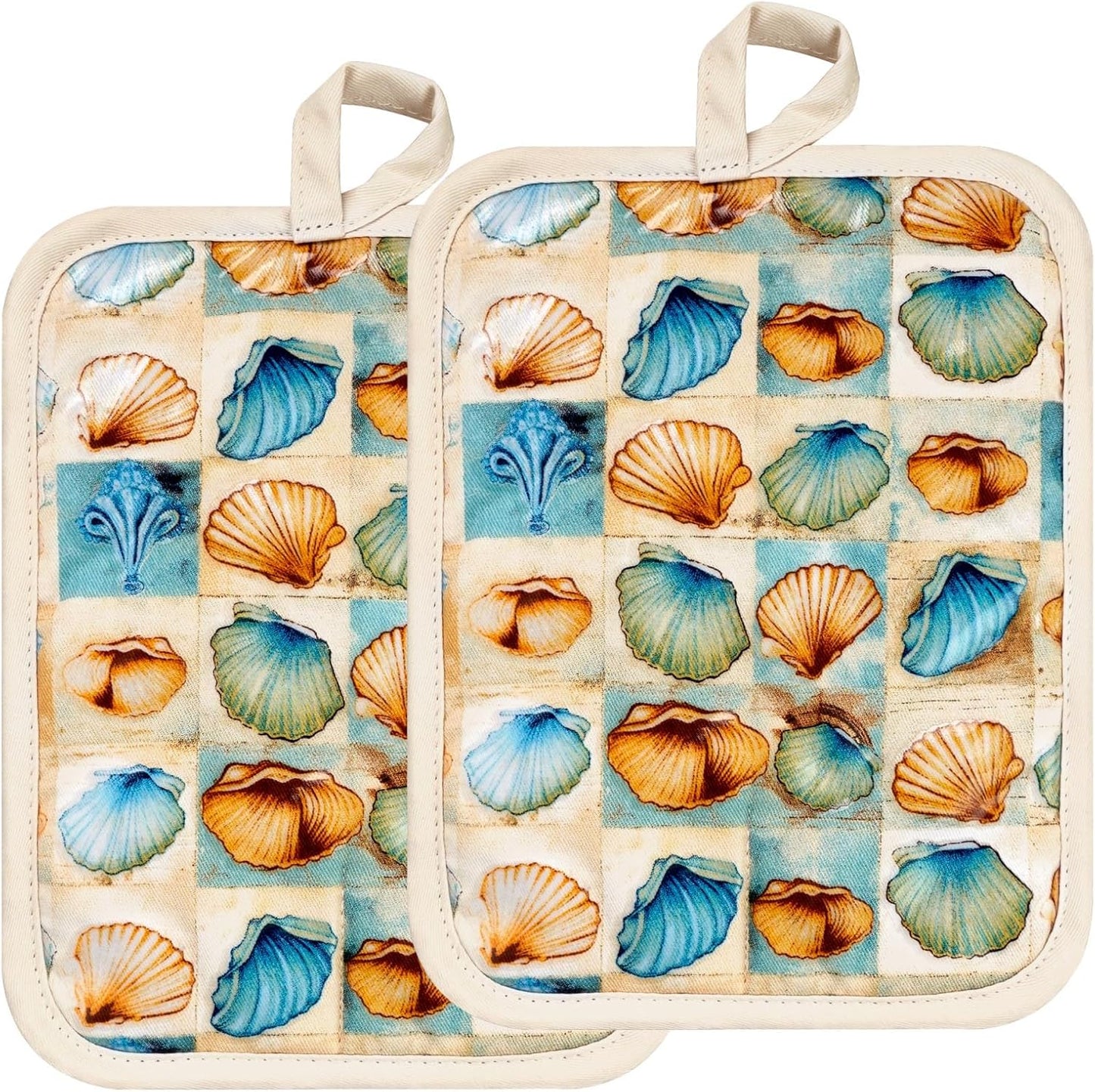 Pot Holders Set of 2 Heat Resistant 480 ℉Non Slip Clear Silicone Printed Comfortable Cotton Lining Kitchen Women Men Cooking Baking Microwave Machine Washable (Shell, Beige potholders)