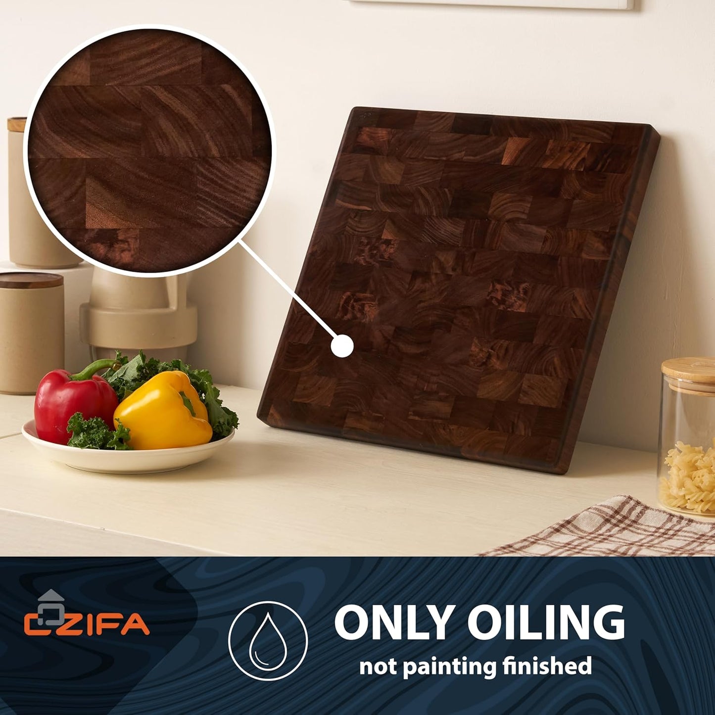 American Dark Walnut Wood Cutting Board Large, Square 14x14 x1.2in for Kitchen and End Grain Butcher Block Finished with Linseed Oil, Beeswax, Carnauba wax & Lemon Oil