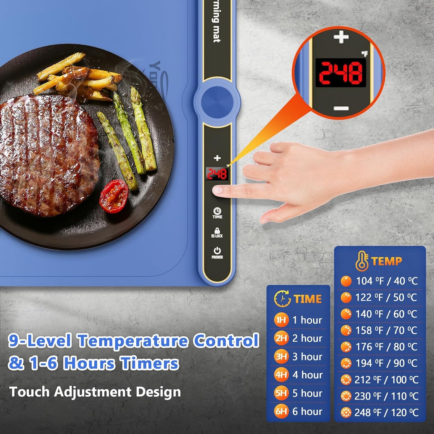 Warming Mat for Food Extra Large - Food Warming Mat, 31.7"x15" Heating Mat for Food with 9 Temperature Settings and 6H Timer, Full Surface Heating Warming Tray for Parties Daily Use(Blue)