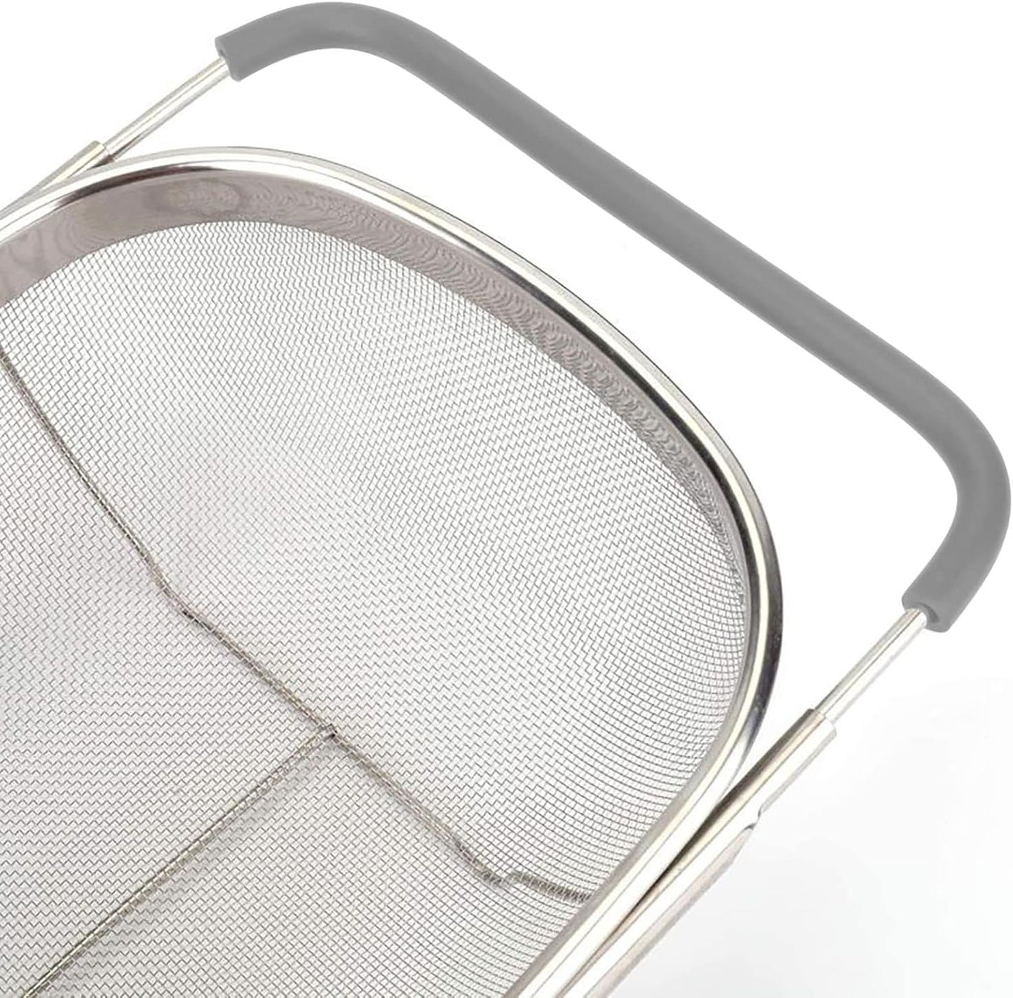 Over The Sink Colander, 6 Quarts Stainless Steel Oval Colander with Expandable Rubber Grip Handle, Fine Mesh Strainer Baskets Kitchen Colanders for Strain, Drain, Rinse Vegetables, Fruits, Grey