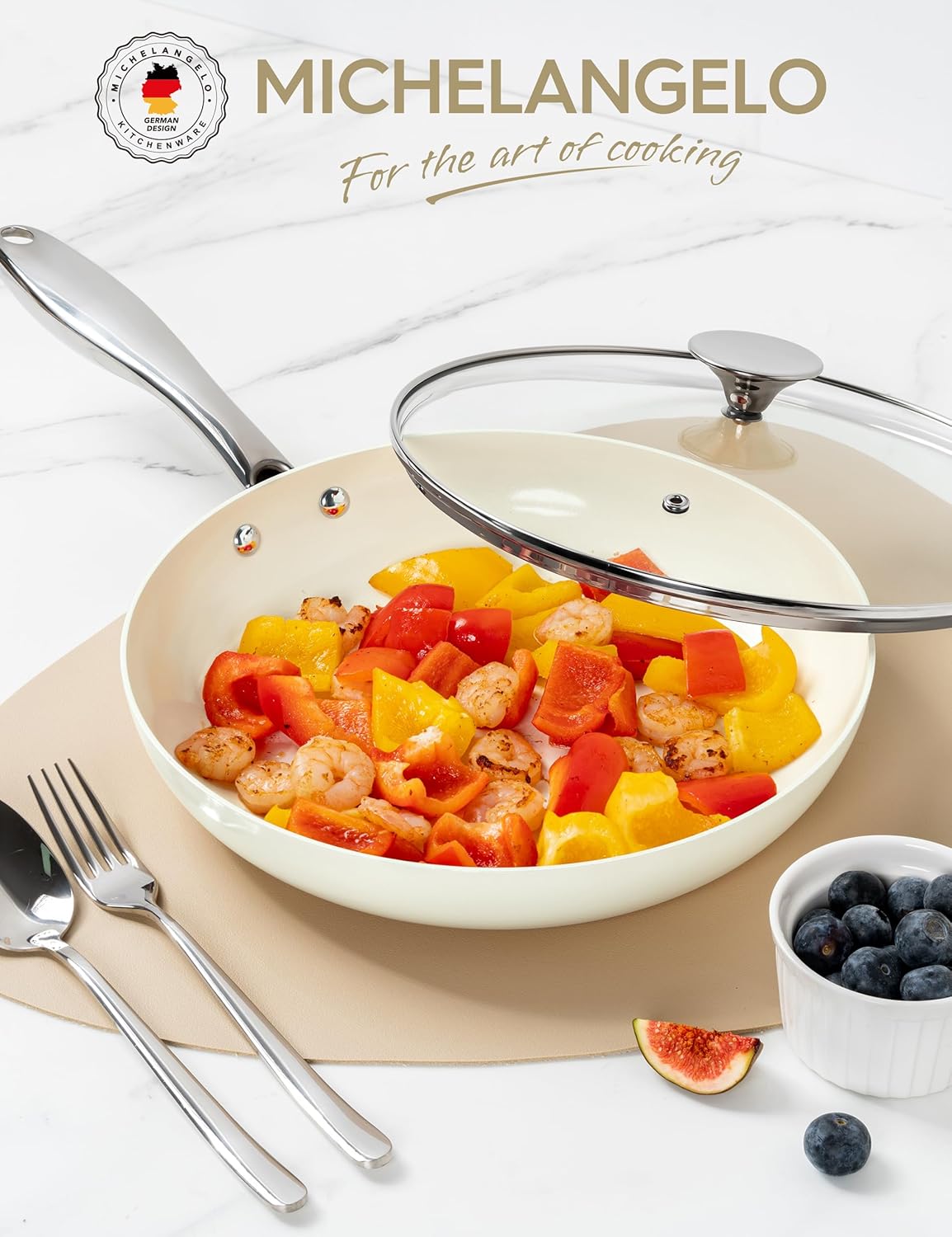 MICHELANGELO 12 Inch Frying Pan with Lid, Large Nonstick Skillet with Ergonomic Handle, Non-Toxic Ceramic Fry Pan, Oven-Safe, White