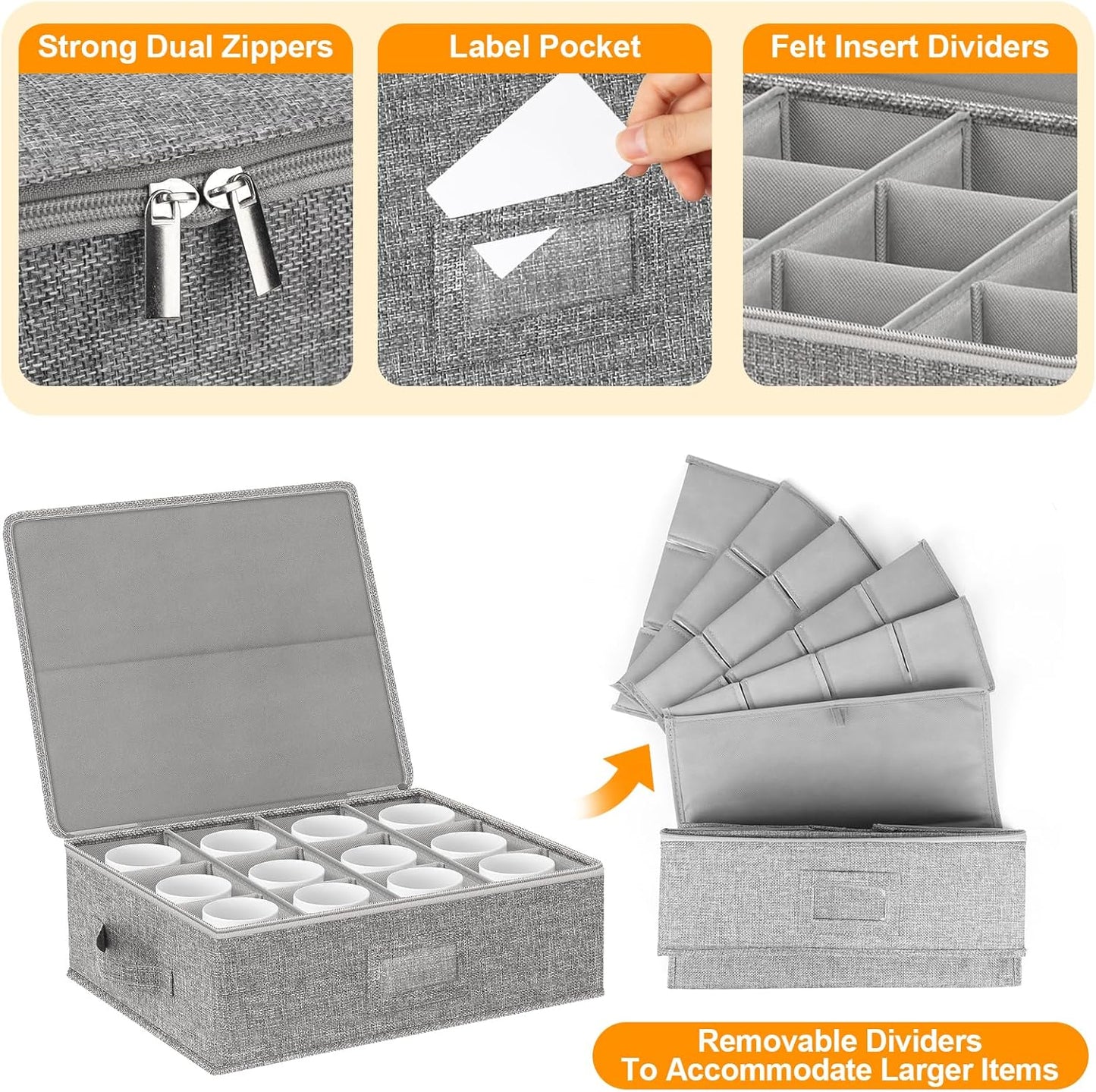 Coffee Mug Storage Box 2 Pack with Dividers, China Storage Containers Organizer Moving Supplies, Hard Shell & Stackable for Coffee Mugs, Tea Cups w/Sturdy Lid & Handles, 24 Compartments, Grey