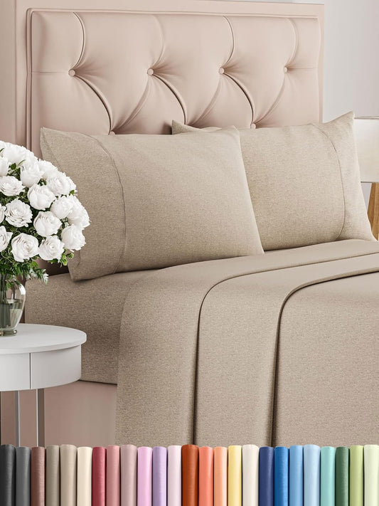 Full Size 4 Piece Sheet Set - Comfy Breathable & Cooling Bed Sheets Set - Hotel Luxury Bedding for Women, Men, Kids, Teens, Boys & Girls - Deep Pockets, Soft & Wrinkle Free - Beige (Heathered Sheets)