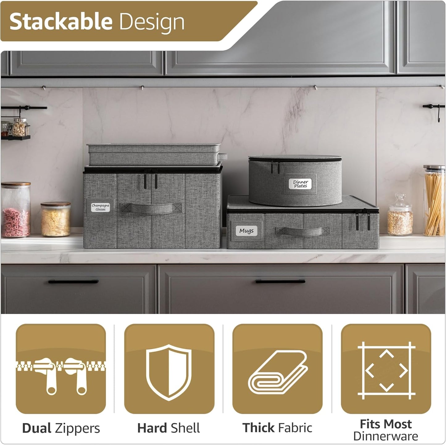 Sorbus China Storage Containers 6-Piece Set - Hard Shell Dinnerware Organizer for Plates, Glasses, Mugs & Saucers (Holds Service for 12) with Felt Protectors for Moving & Storage