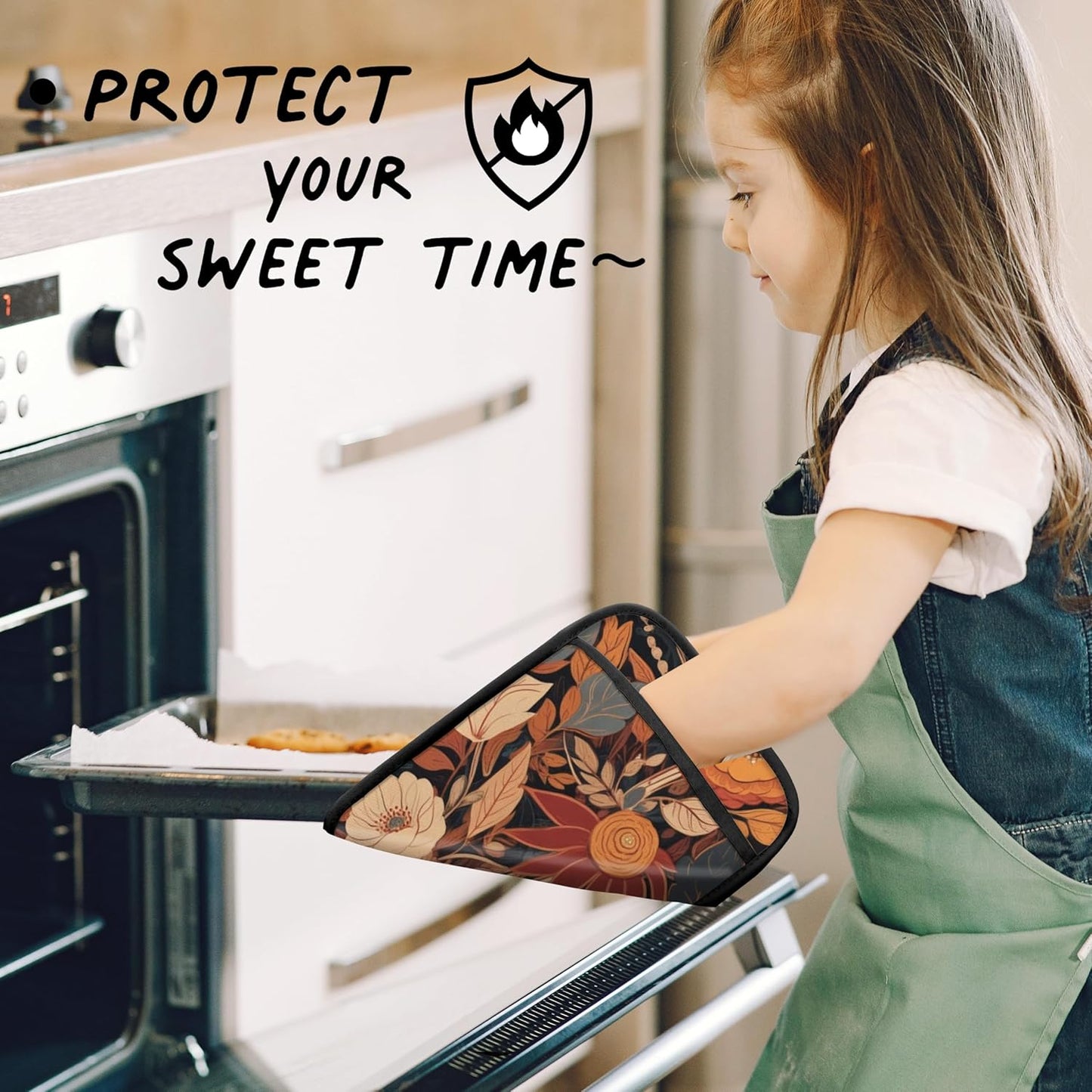 Boho Vintage Floral Pot Holders for Kitchen, Mid Century Modern Boho Flower Botanical Heat Resistant Hot Pads and Oven Mitts for Baking Cooking