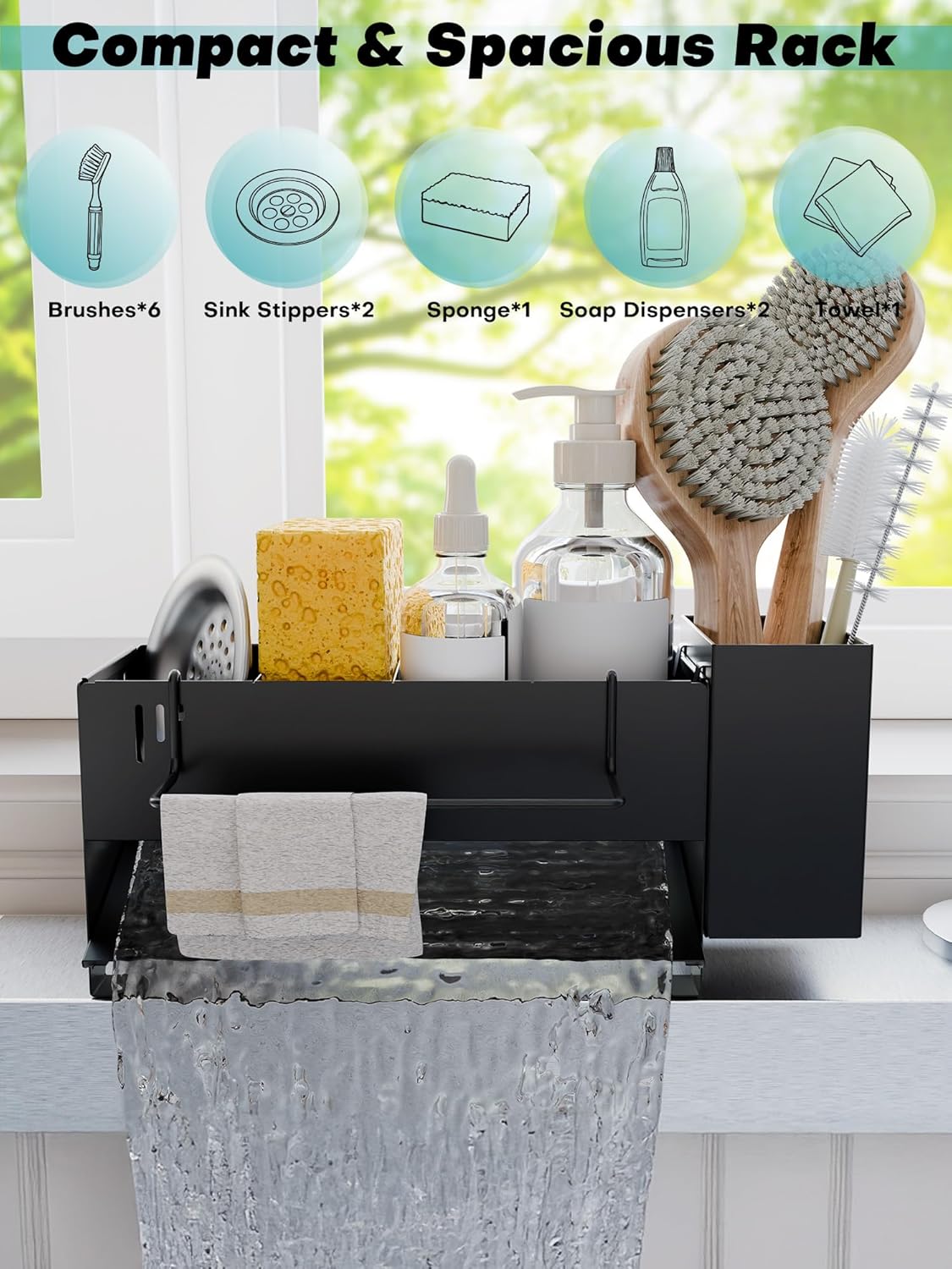 Sponge Holder for Kitchen Sink, Space-Saving Sink Caddy with Brush Holder, Kitchen Countertop Organizers and Storage Essentials, Rustproof & Slip Resistant