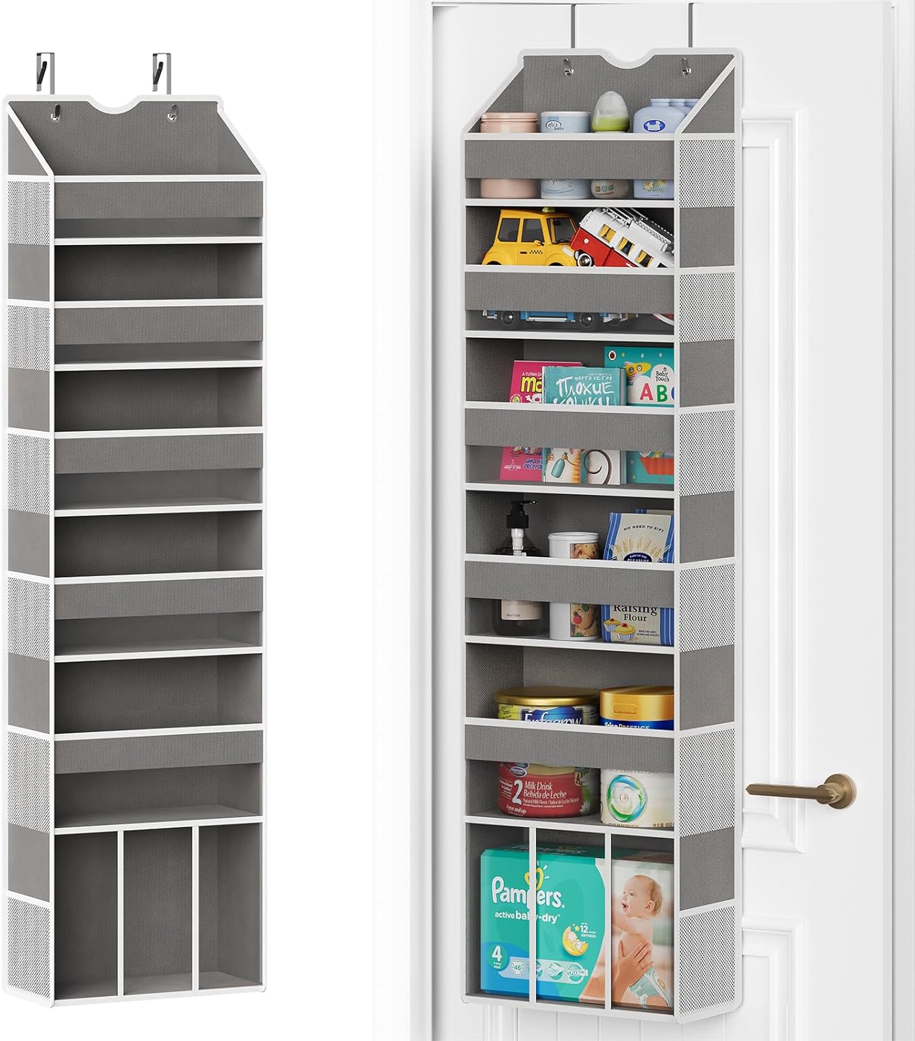 Over The Door Organizer Hanging - 6 Shelf Over Door Organizers with 6 Clear Front & 12 Side Pockets - Swing-proof 50LB Load Behind Door Storage for Closet Bedroom Bathroom Nursery Baby Essentials