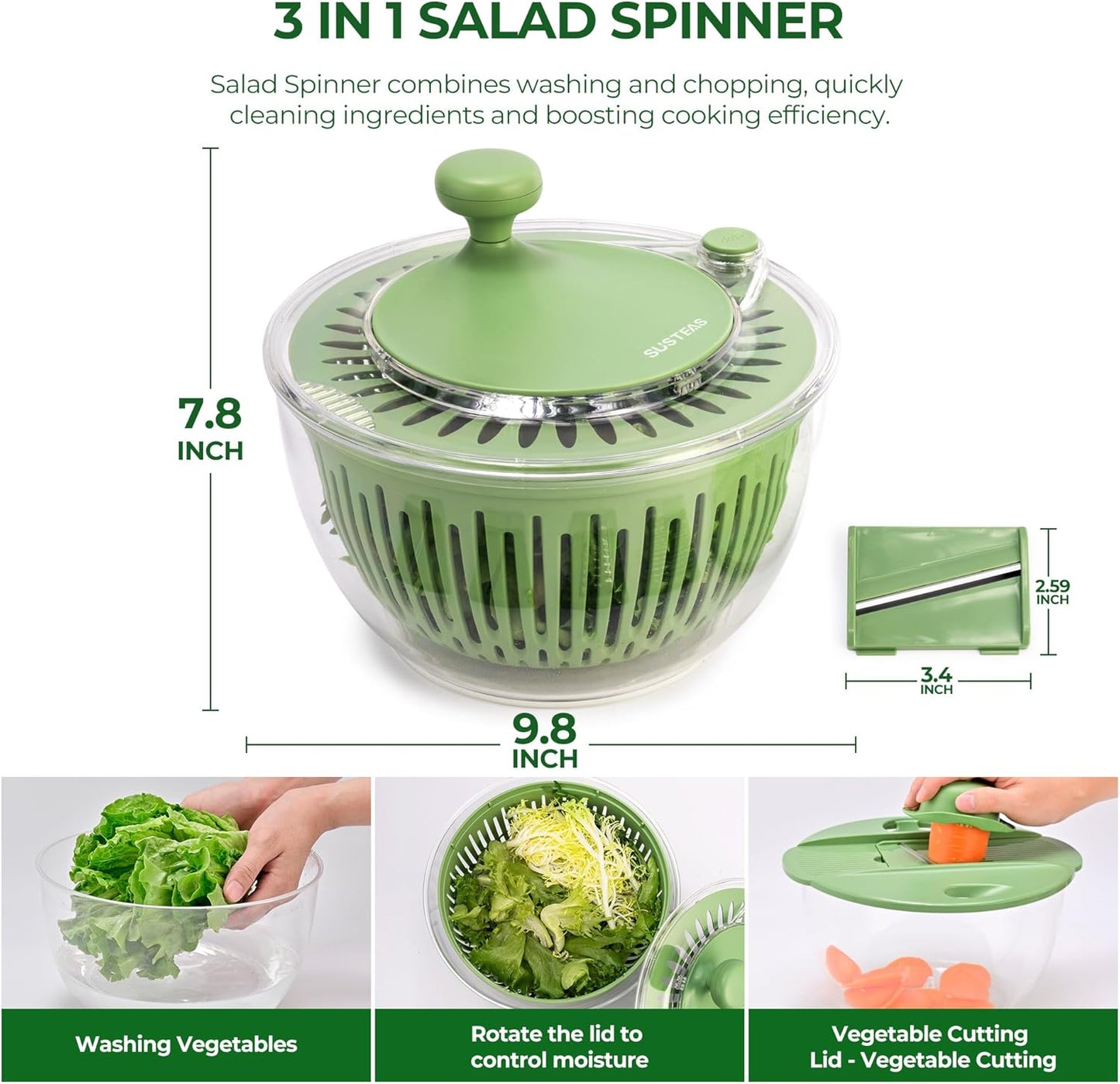 SUSTEAS Salad Spinner Large, Vegetables Wash Bowl, Fruits & Herb Lettuce Dryer with 5 Blade Slicer Egg Yolk Strainer Shredder for Efficient Salad Preparation and Food Washing, 4.25Qt