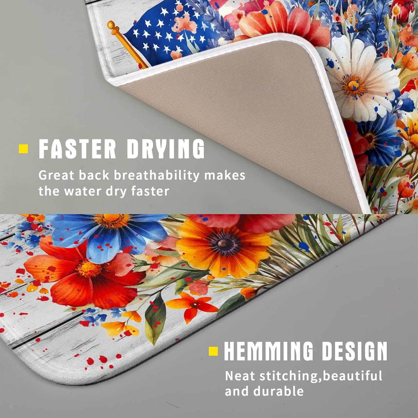 4th of July Dish Drying Mat 16x18 inch Patriotic Floral Fast Dry Microfiber Reversible Dish Drainer Rack Pad Kitchen Counter Accessories