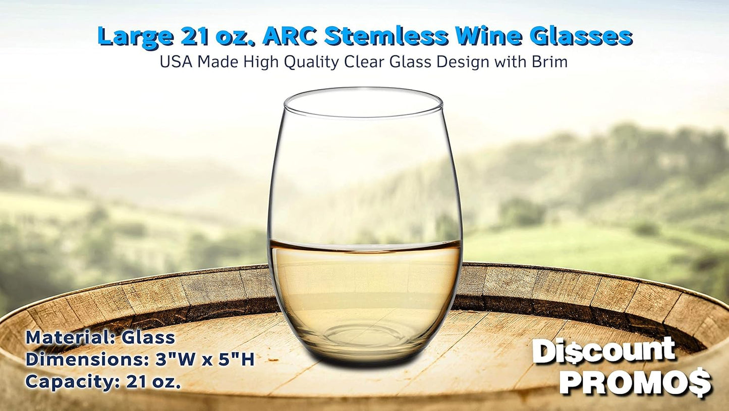DISCOUNT PROMOS 10 ARC Stemless Wine Glasses Set, 21 oz. - Chardonnay, Cabernet, Merlot, Sauvignon - Clear