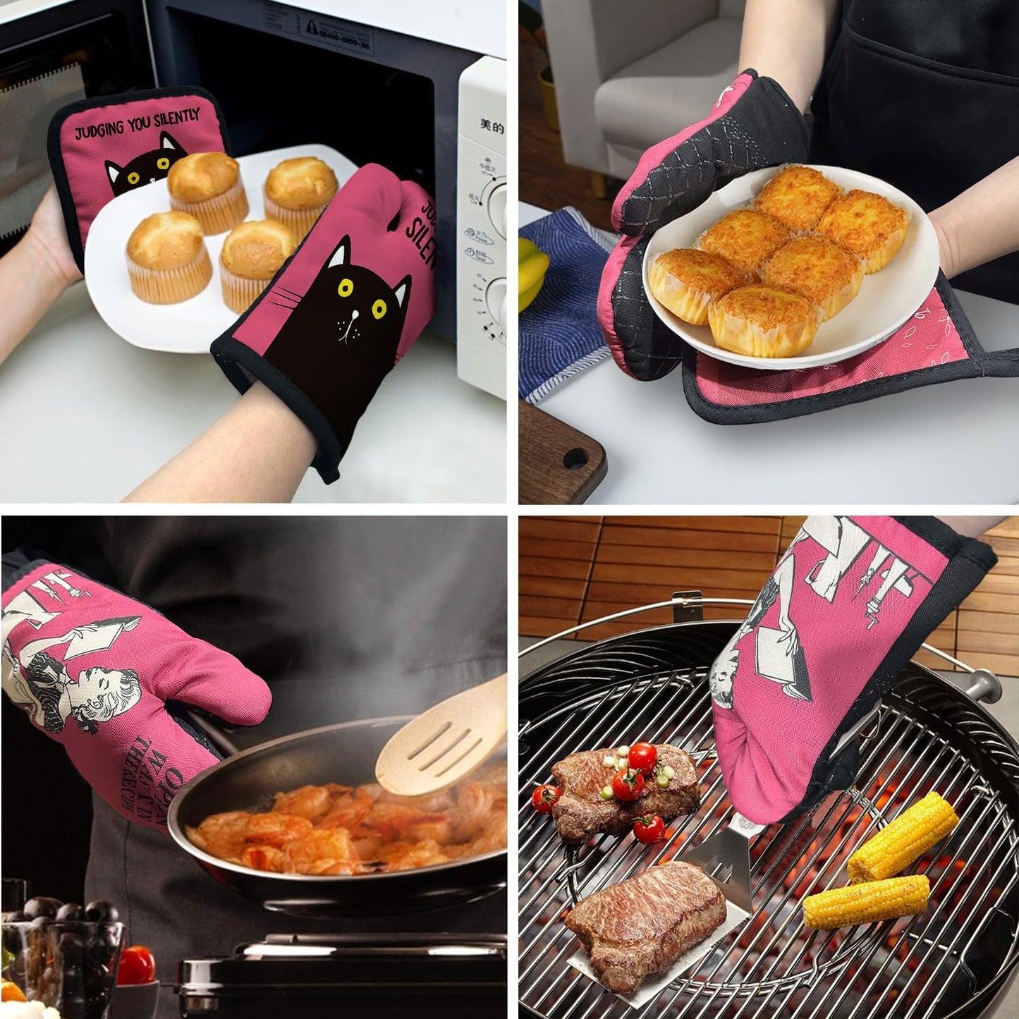 ZHANTUONE Judging You Silently Funny Heat Resistant Oven Mitts and Pot Holders Set with Silicone Non-Slip, Cute Cat Cooking Baking Gadgets, Gifts for Mom Aunt Sister BFF Cat Lover