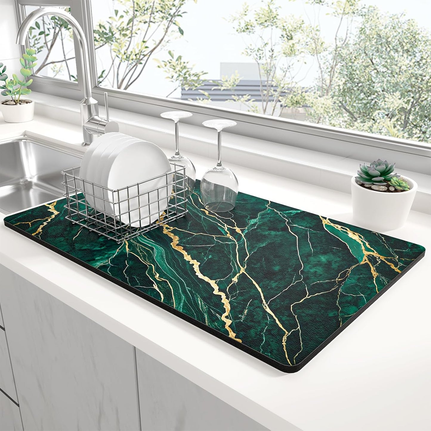 Rnivvi Dish Drying Mat for Kitchen Counter, 12 x 19" Cute Marble Super Absorbent Draining Pad, Non-Slip Heat Resistant Coffee Bar Mats for Coffee Machine Station Accessories, Green Gold Dish Rack Pad