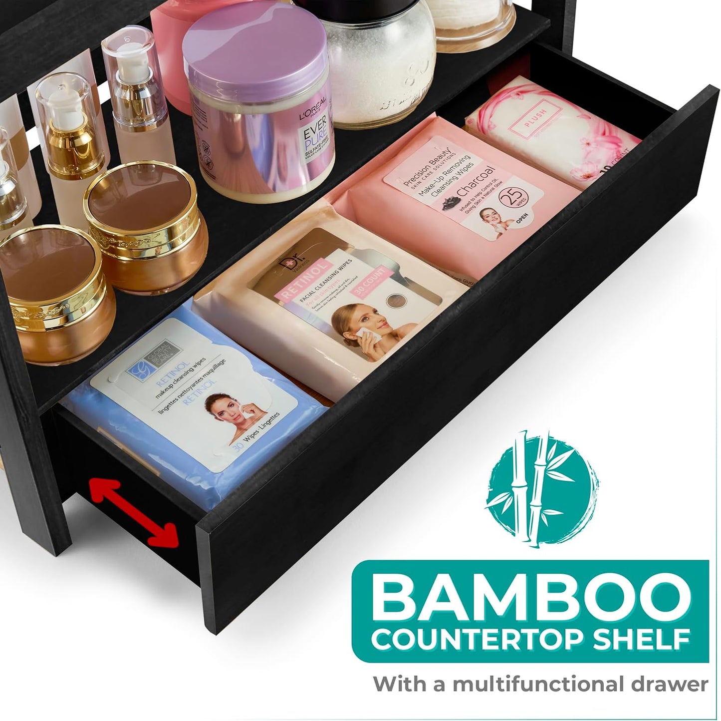 Sorbus Bamboo Bathroom Counter Organizer – 2-Tier Shelf with Hidden Drawer for Vanity, Matcha Station, Bathroom Sink Organizer Countertop, Kitchen & Office Storage (13″ L x 6.5″ W x 12.6″ H) (Black)