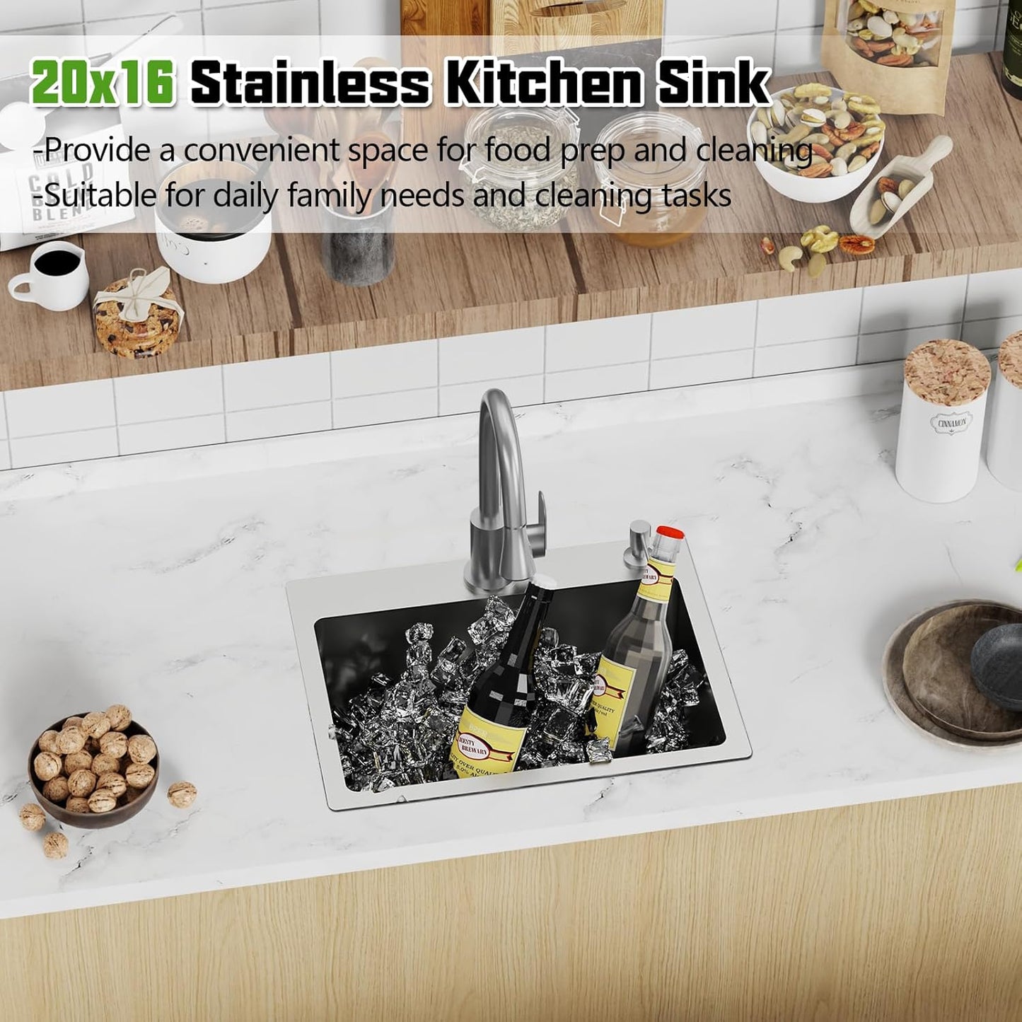 20x16 In Kitchen And Bar Sink- Stainless Steel Drop In Kitchen Sink Modern Single Bowl Topmount Bar Sink With Silicon Mat,Drain Strainer Set Compatibility With Various Kitchen & Bar Style