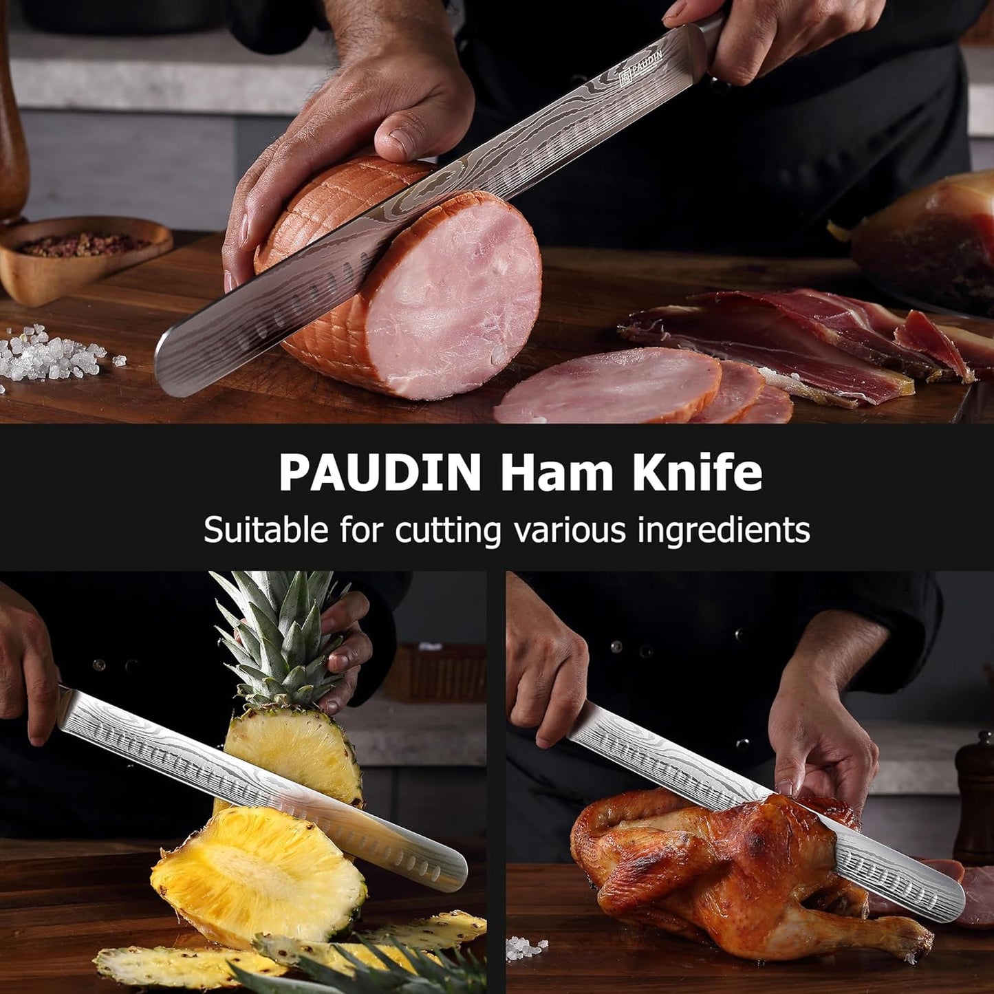 PAUDIN Brisket Knife, 12 Inch Carving Knife Stainless Steel Brisket Slicing Knifes with Granton Edge for Meat Cutting, Roasts, BBQ, Turkey