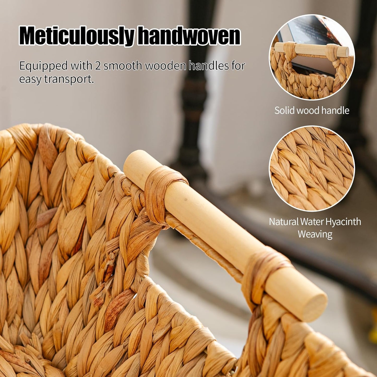 Woven Storage Baskets – Set of 2 Handwoven Water Hyacinth Wicker Baskets with Wooden Handles for Organizing, Decorative Baskets for Laundry Room, Home Decor - Large & Medium