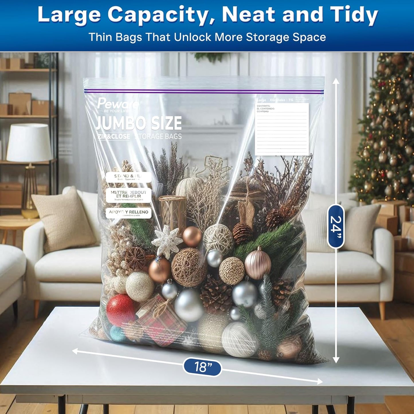 Large Storage Bags, 18"x24" Jumbo Plastic Bag, BPA Free, 5 Gallon XL Zipper Lock Baggies for Clothes Pillow Travel Moving - 30 Jumbo Bags