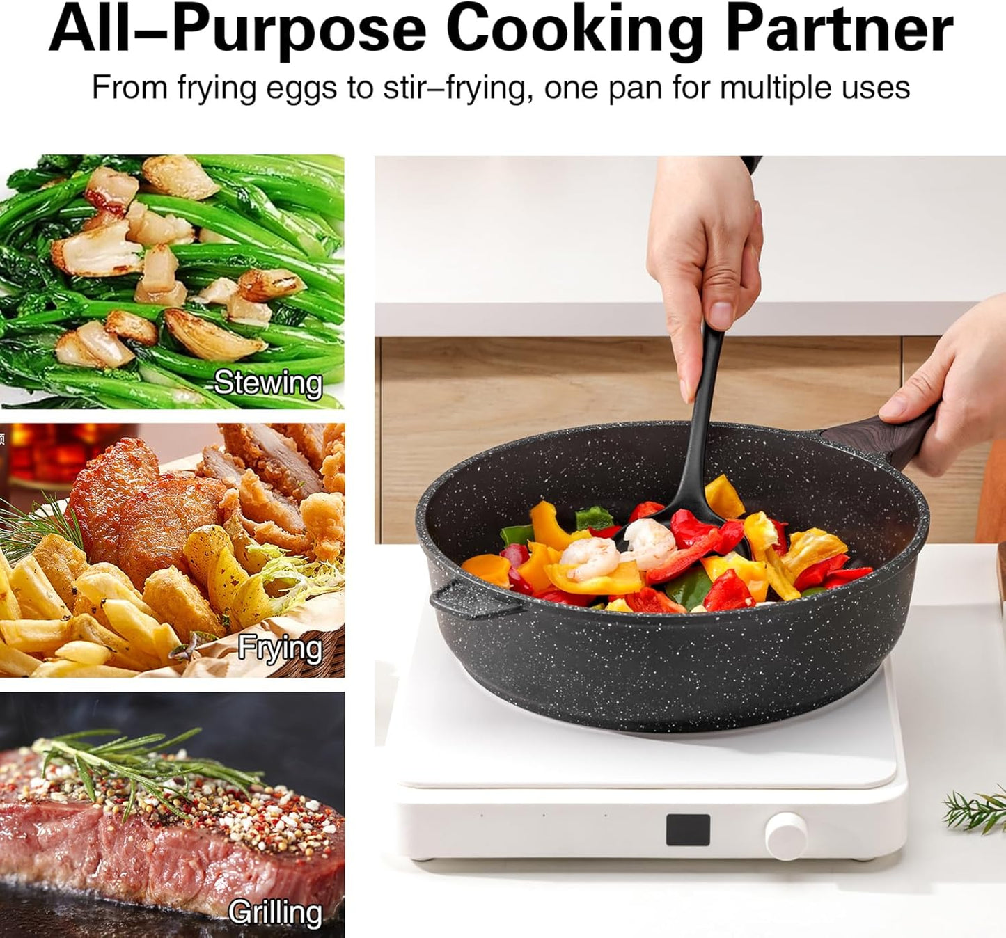 Nonstick Deep Frying Pan with Lid, 11 Inch Non Stick Skillet, Saute Pan for Cooking, Healthy Induction Cookware, PFOA Free