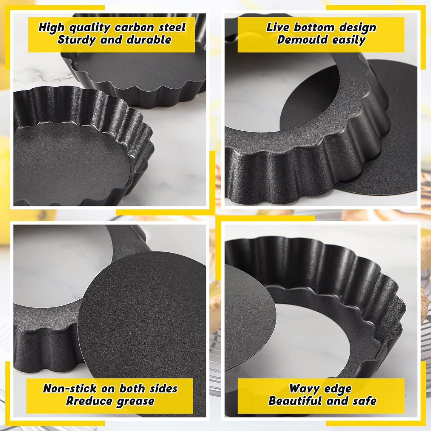 Tessco 16 Pieces Mini Tart Pans with Removable Bottom Nonstick Quiche Mini Pie Tart Pans Bakeware Mold Fluted Side for Pies(Black Gray Round,4 Inch)