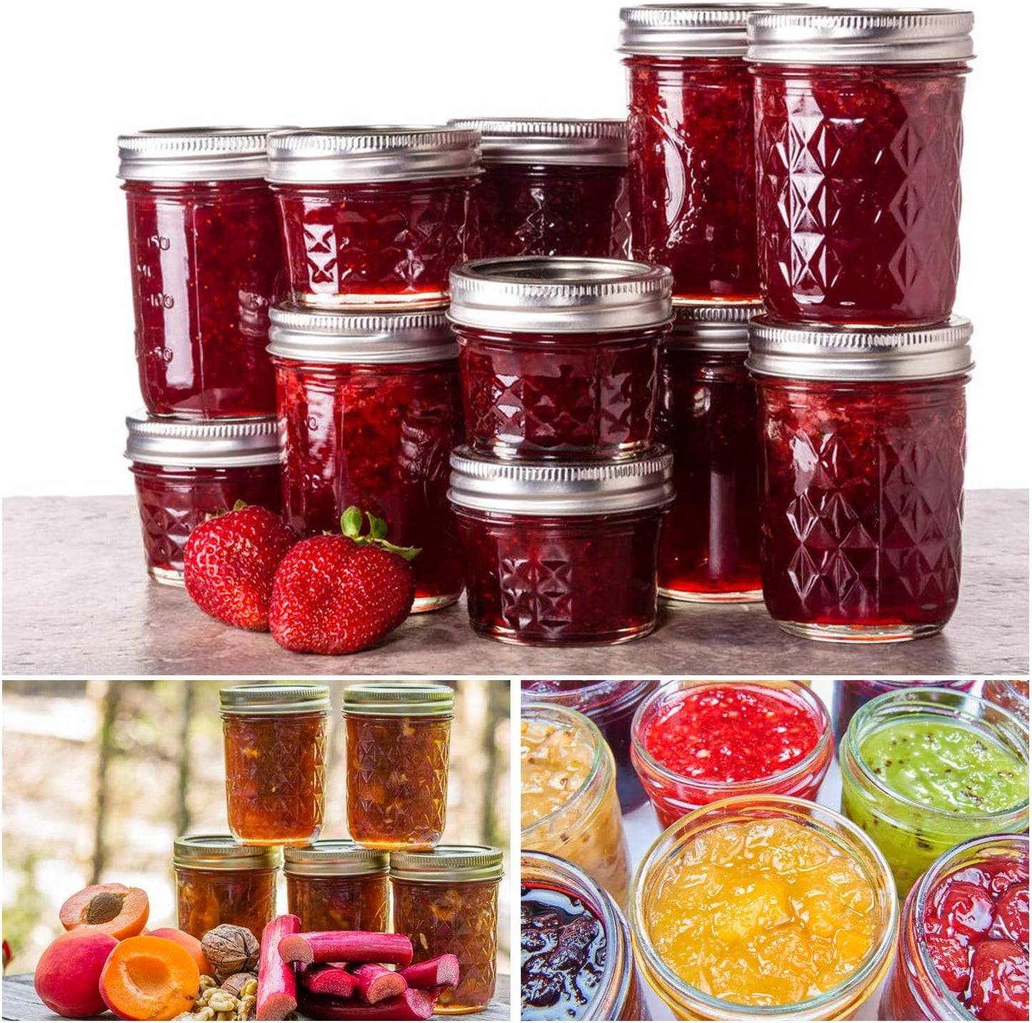 Mason Jars Canning Jars, 24 Pack Jelly Jars With Regular Lids, Ideal for Jam, Honey, Wedding / Shower Favors, DIY Magnetic Spice Jars - 4 OZ x 8, 8 OZ x 8, 12 OZ x 8 (4oz -8oz-12oz)