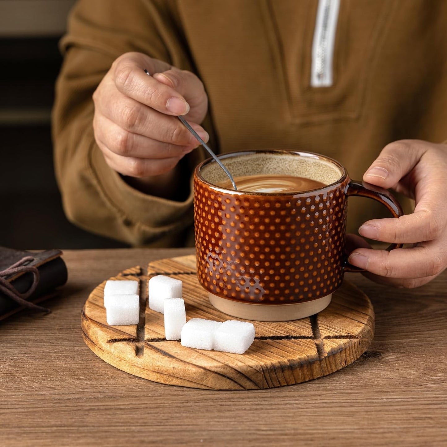 GBHOME 15OZ Stackable Coffee Mugs, Ceramic Coffee Cups with Texture Patterns for Man,Woman,Dad,Mom, Modern Coffee Mugs Set of 4 for Latte/Cappuccino/Cocoa. Dishwasher&Microwave Safe, Caramel