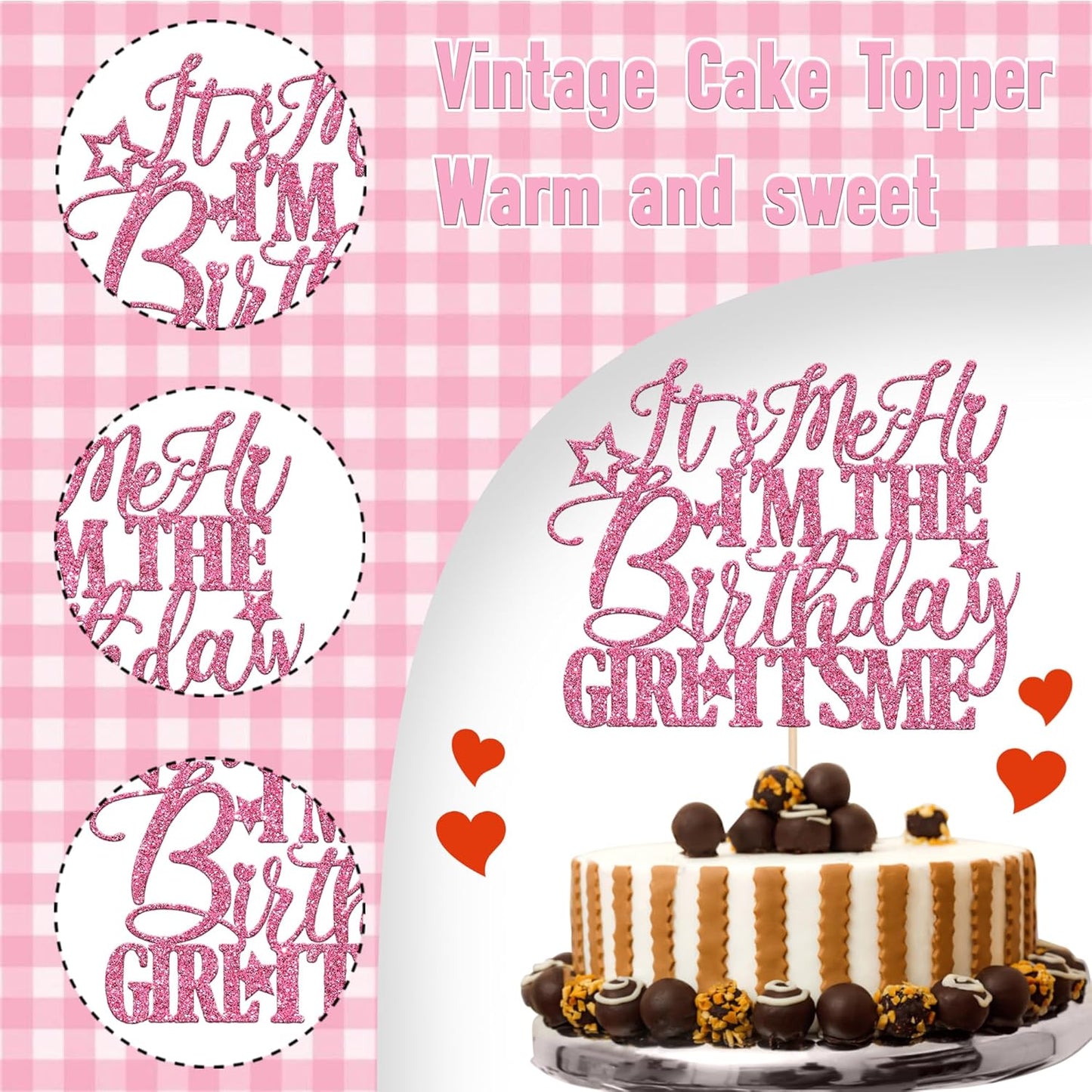 1 PCS It's Me Hi I'm the Birthday Girl It's Me Cake Topper Glitter Music Singer Cake Pick for Funny Hip Hop Singer Girls Birthday Party Cake Decorations Supplies Pink