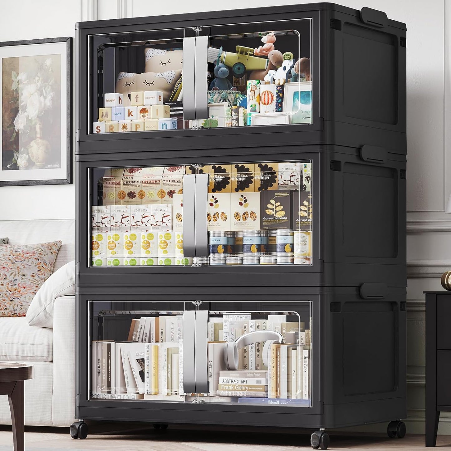 480QT Stackable Storage Bins with Lids, 120Gal Extra Large Collapsible Storage Box with Wheel, Plastic Storages with Clear Door Open Front for Home Bedroom Garage, Black-3pack(3 lids)