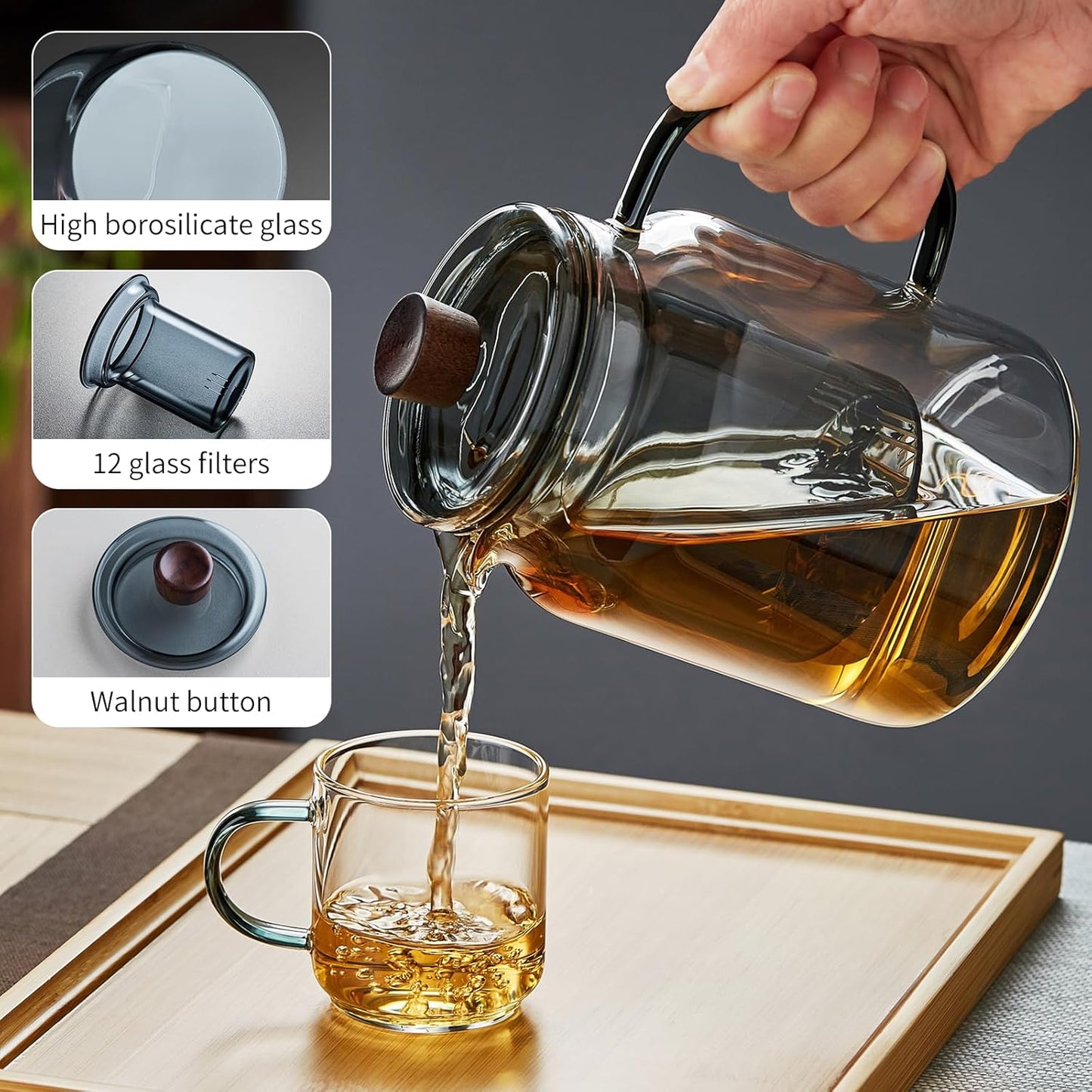 Glass Tea Pot, 560ML Borosilicate Glass Teapot (Gray) with Detachable Glass Tea Infuser, Clear Loose Leaf Glass Tea Kettle, Blooming Tea, Tea bag 19OZ