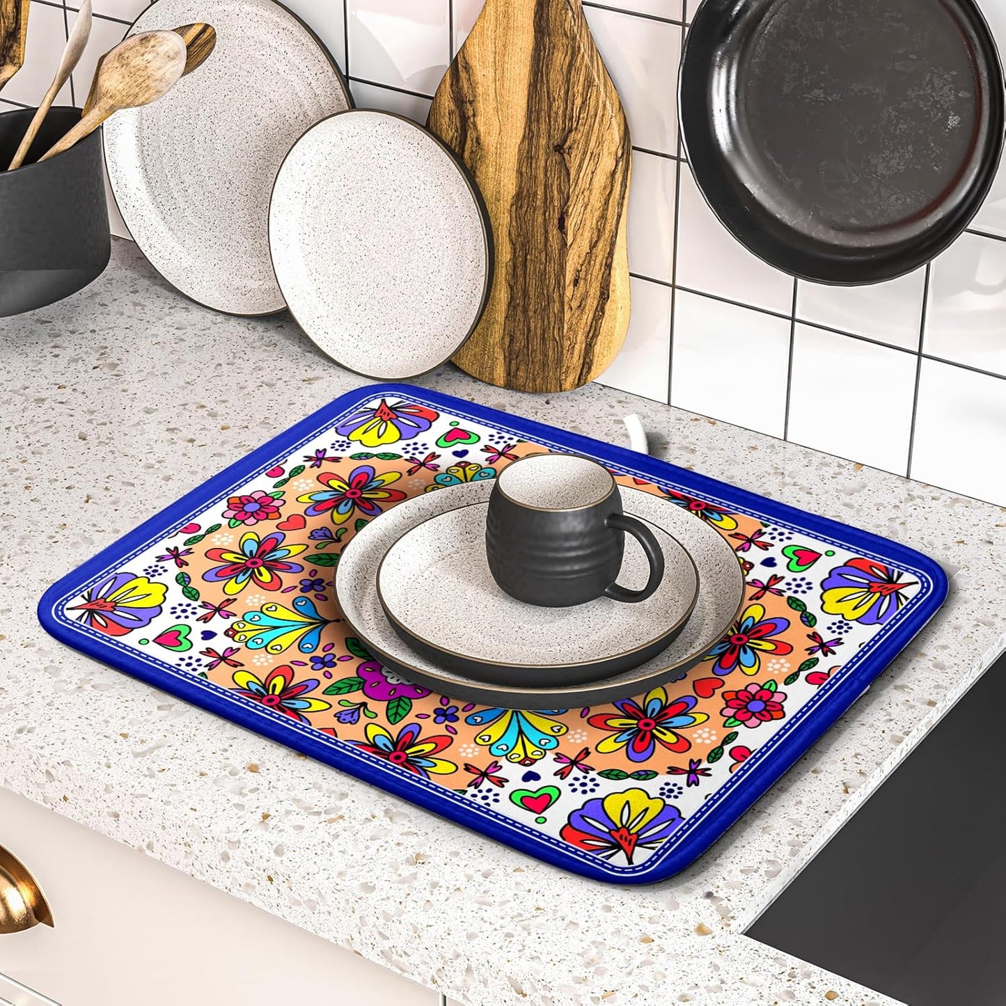 Mexican Talavera Dish Drying Mat Navy Blue Microfiber Dish Drain Pad for Kitchen Decor