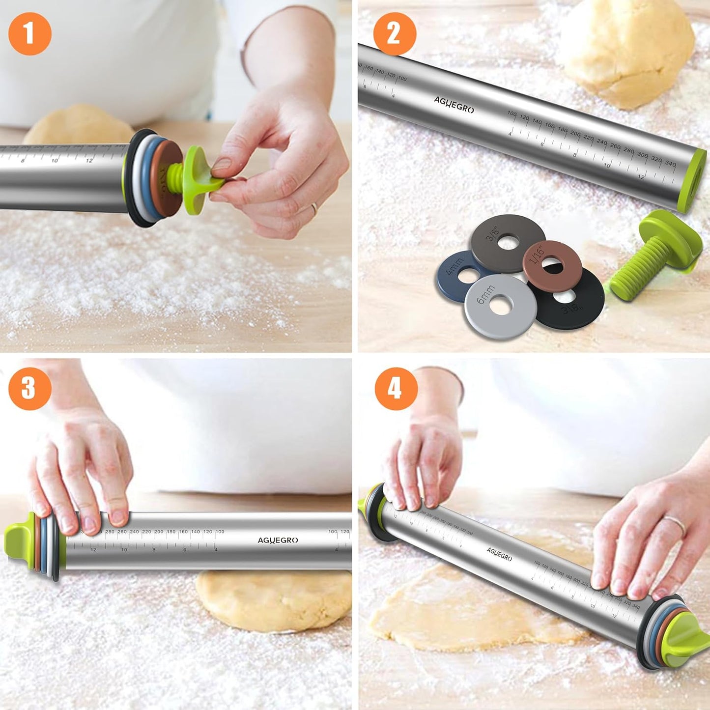 Stainless Steel Rolling Pin with Thickness Rings and Pastry Baking Mat for Baking, Fondant, Pizza, Pie, Cookies, Pastries, 13.6" Rolling Pin with 4 Multi-Color Thickness Rings and Wooden Stand